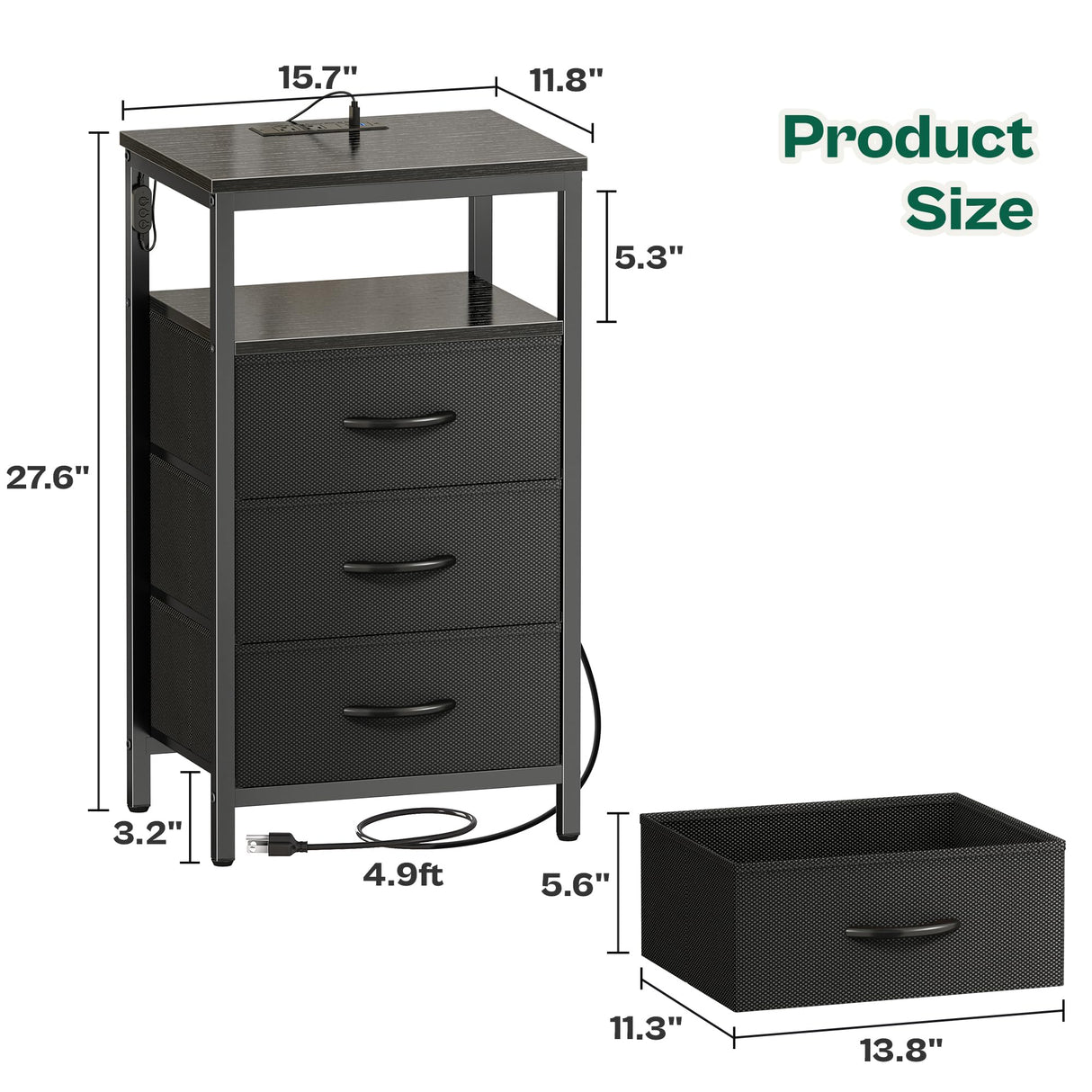 Huuger Night Stand with Charger Station and LED Lights, 3 Drawer Nightstand, Bed Side Table with Open Shelf, End Table, Tall Fabric Dresser for Bedroom, Black Huuger