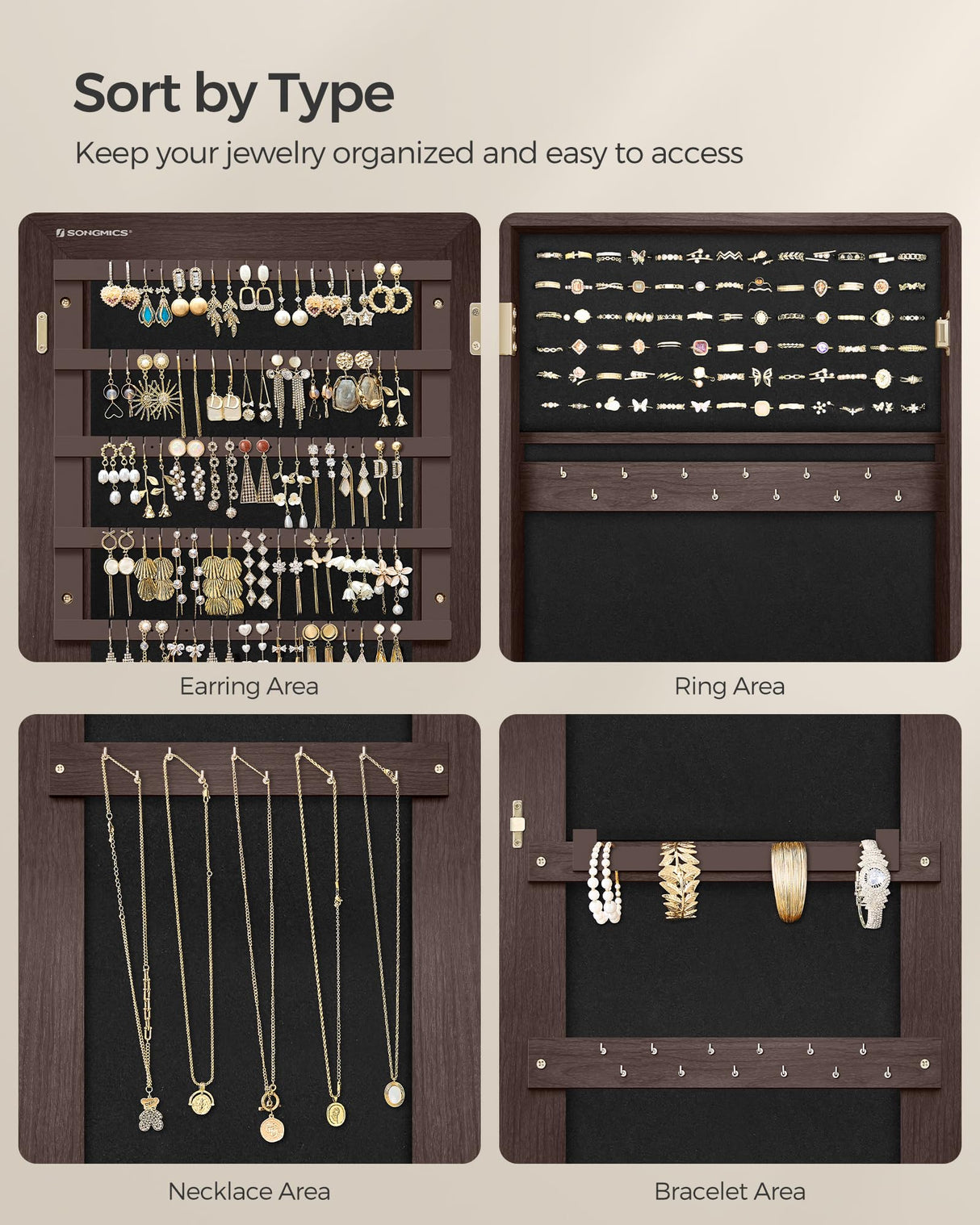 SONGMICS Mirror Jewelry Cabinet Armoire, Standing Full-Length Mirror, Lockable Jewelry Organizer, Gift Idea, Brown Surface and Black Lining UJJC69BR SONGMICS