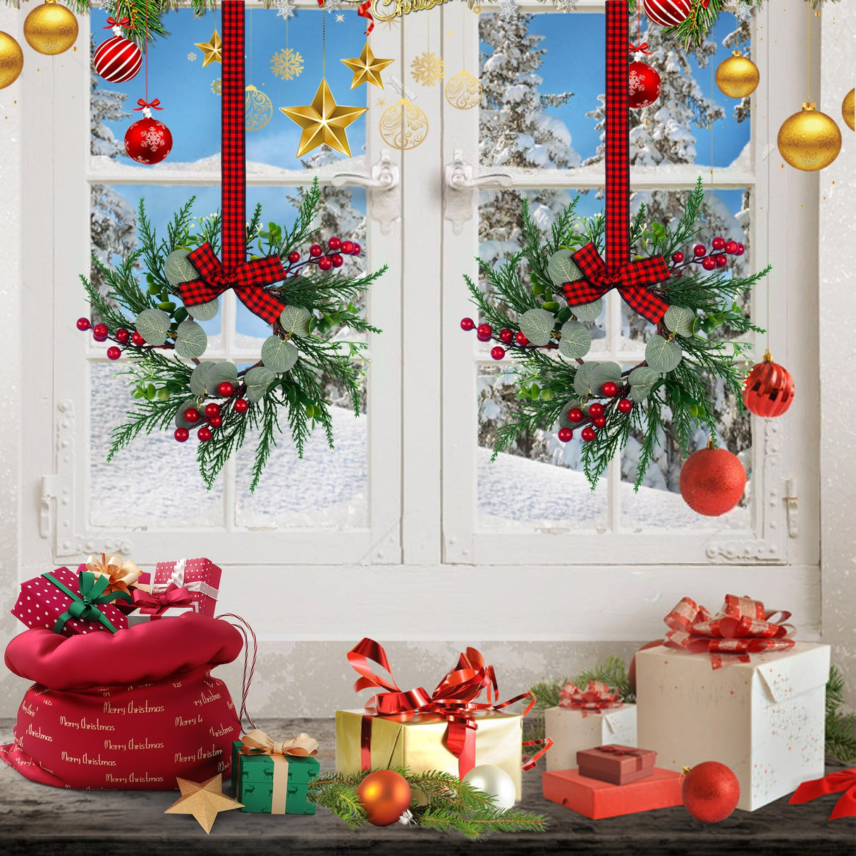 2Pcs Christmas Wreath, 10 Inch Mini Wreaths for Kitchen Cabinets, Christmas Door Wreath, Small Christmas Wreath for Fireplace Window Farmhouse Indoor Home Decorations JUSTOTRY