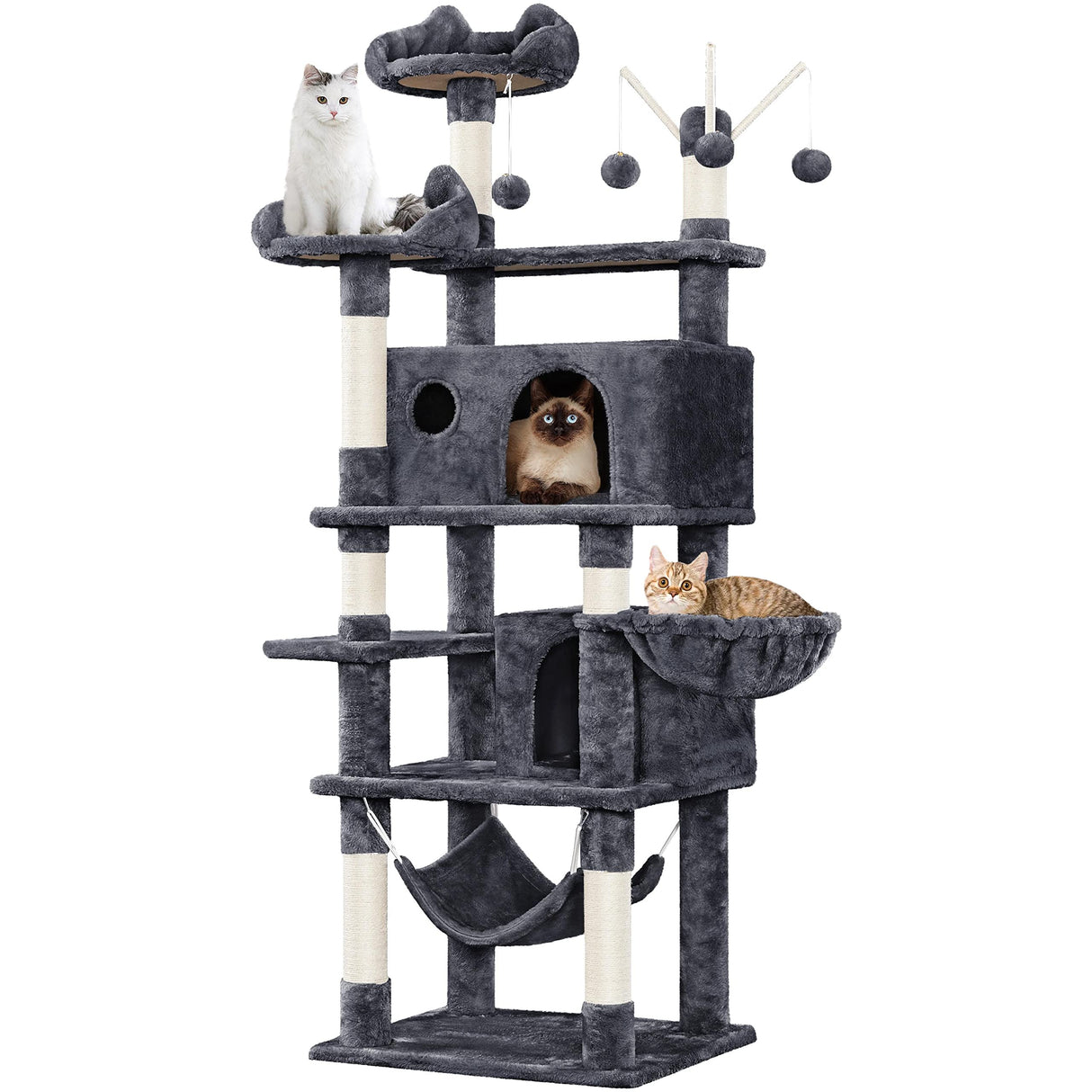 Yaheetech Cat Tree, 67in Cat Tower for Indoor Cats, Multi-Level Cat Condos with 3 Removable Cat Teaser Sticks, Activity Center Furniture Climbing Tower w/Scratching Posts, Hammock, Basket Yaheetech