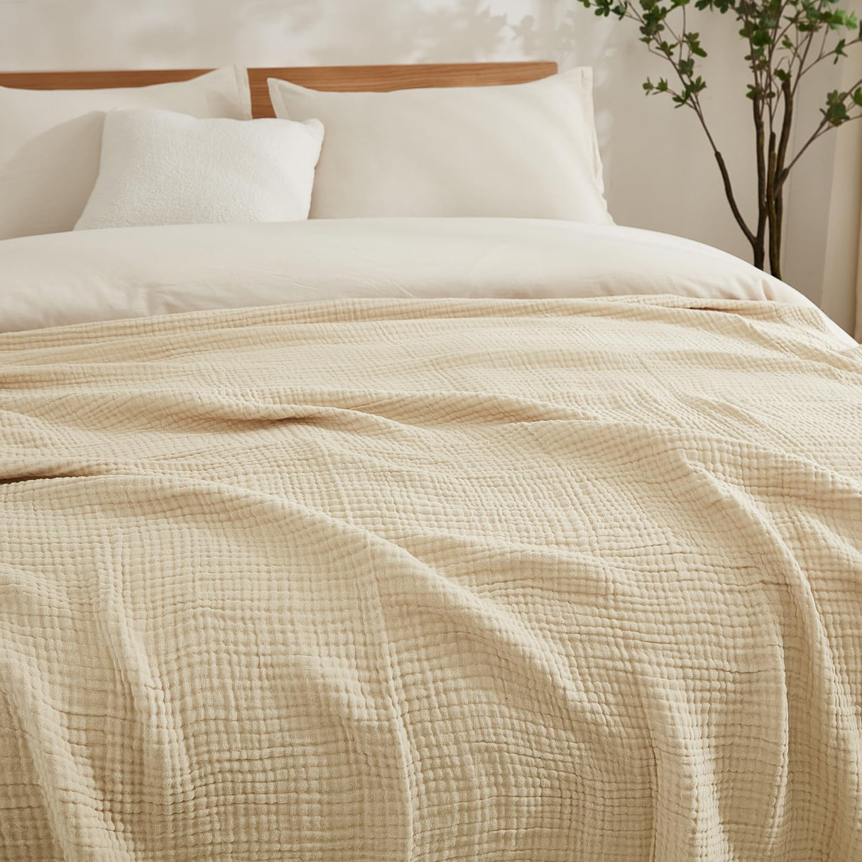 EMME Cotton Throw Blanket Large 50"x70" Gifts for Women 100% Muslin for Couch Breathable Gauze All Season Light Tan Soft and Lightweight Pre-Washed EMME