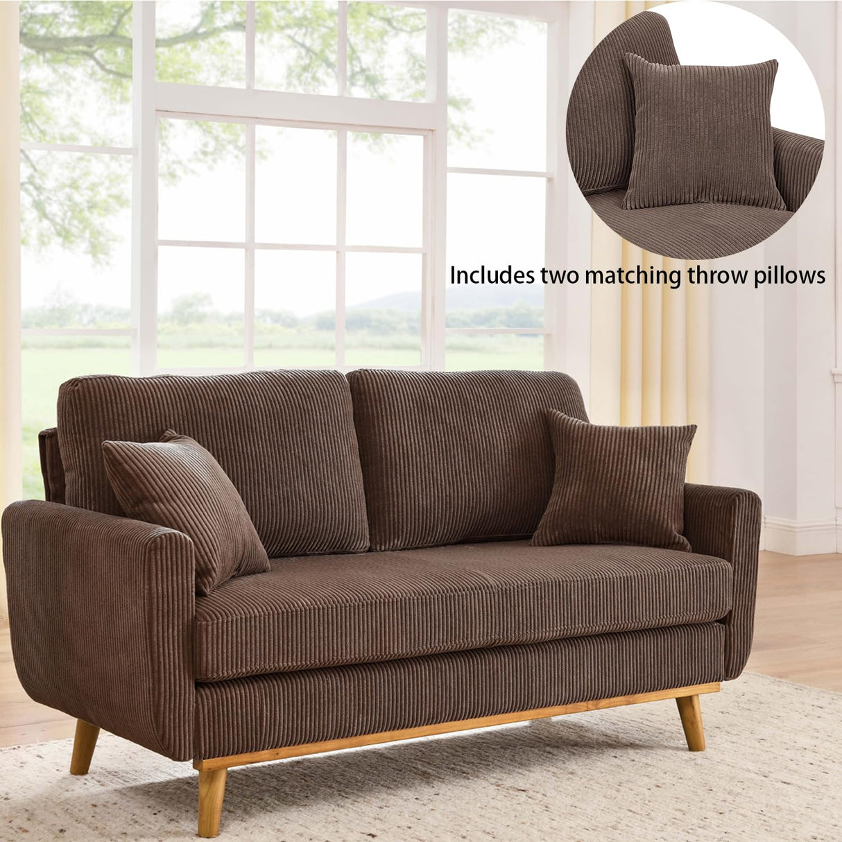 YHUBHSIS 65" Loveseat Sofa Brown Corduroy Couch, Modern 2 Seater Couch, 22.5" Deep Seat Small Couches for Living Room Bedroom Office (Brown) YHUBHSIS