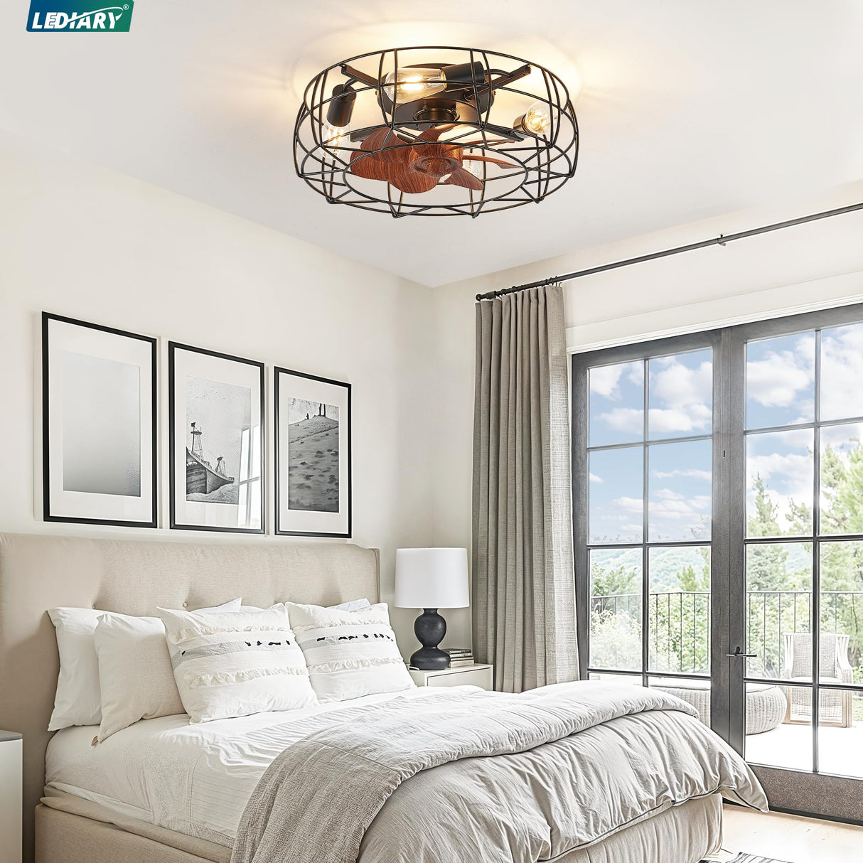 LEDIARY Caged Ceiling Fans with Lights and Remote, Flush Mount Bladeless Ceiling Fan Light Fixture, Small Farmhouse Industrial Low Profile Ceiling Fan for Bedroom Kitchen LEDIARY