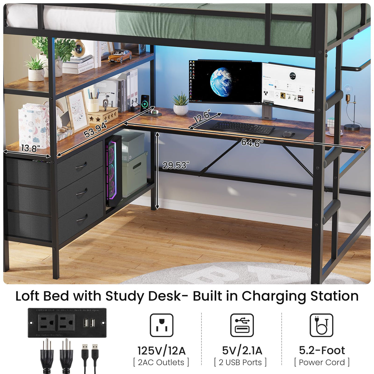 DICTAC Loft Bed Full Size with L-Shaped Desk and Charging Station Full Metal Bed Frame with LED Lights,Open Shelves and 3 Fabric Storage Drawers,Loft Beds with Top Bunk -Safety Guard & Stairs,Black DICTAC