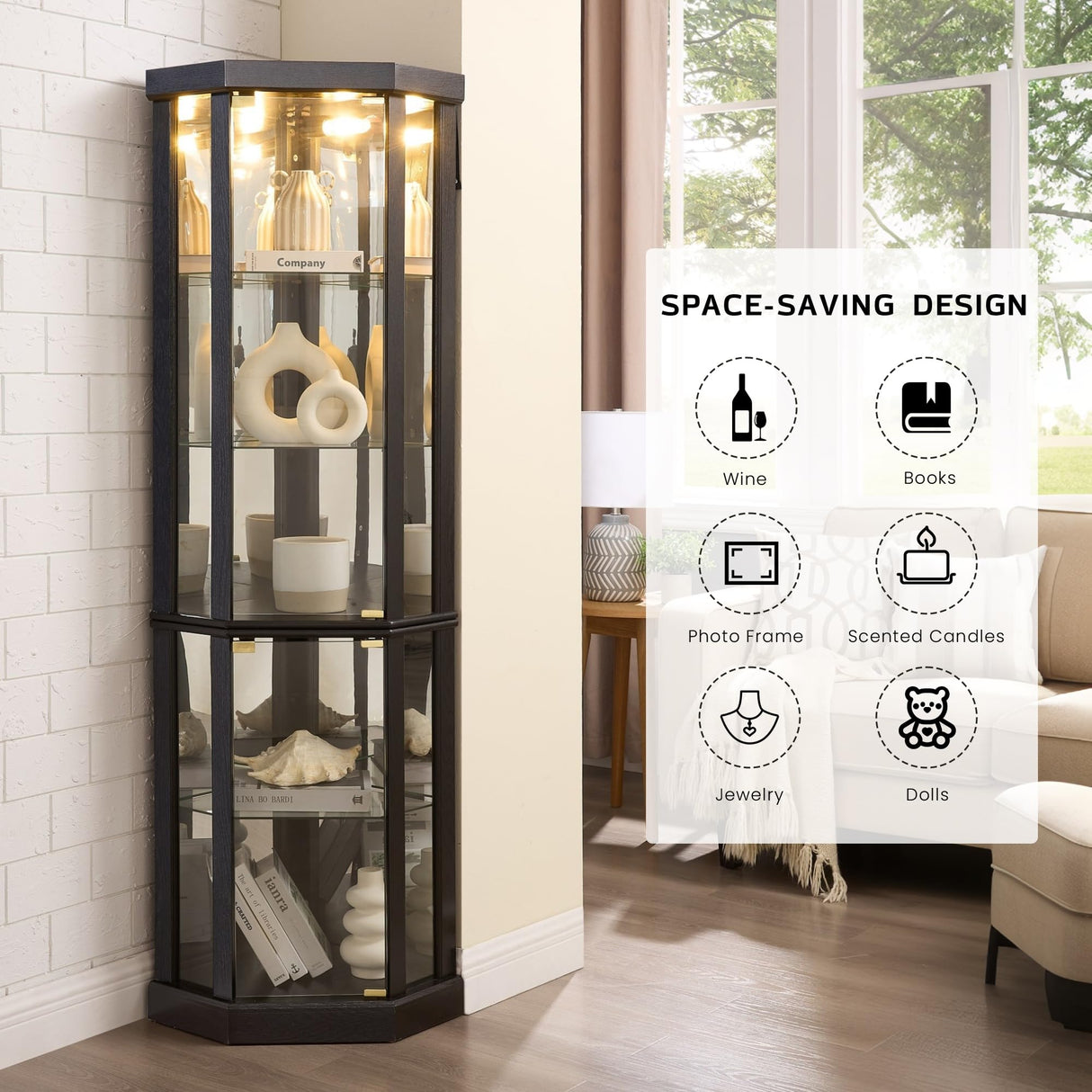 CKEASEAN Corner Curio Cabinet, 70" H Lighted Glass Display Cage with Tempered Glass Doors and 5 Adjustable Shelves, Light Bulb Inclued, Wine Bar China Cabinet for Living Room (Black) CKEASEAN