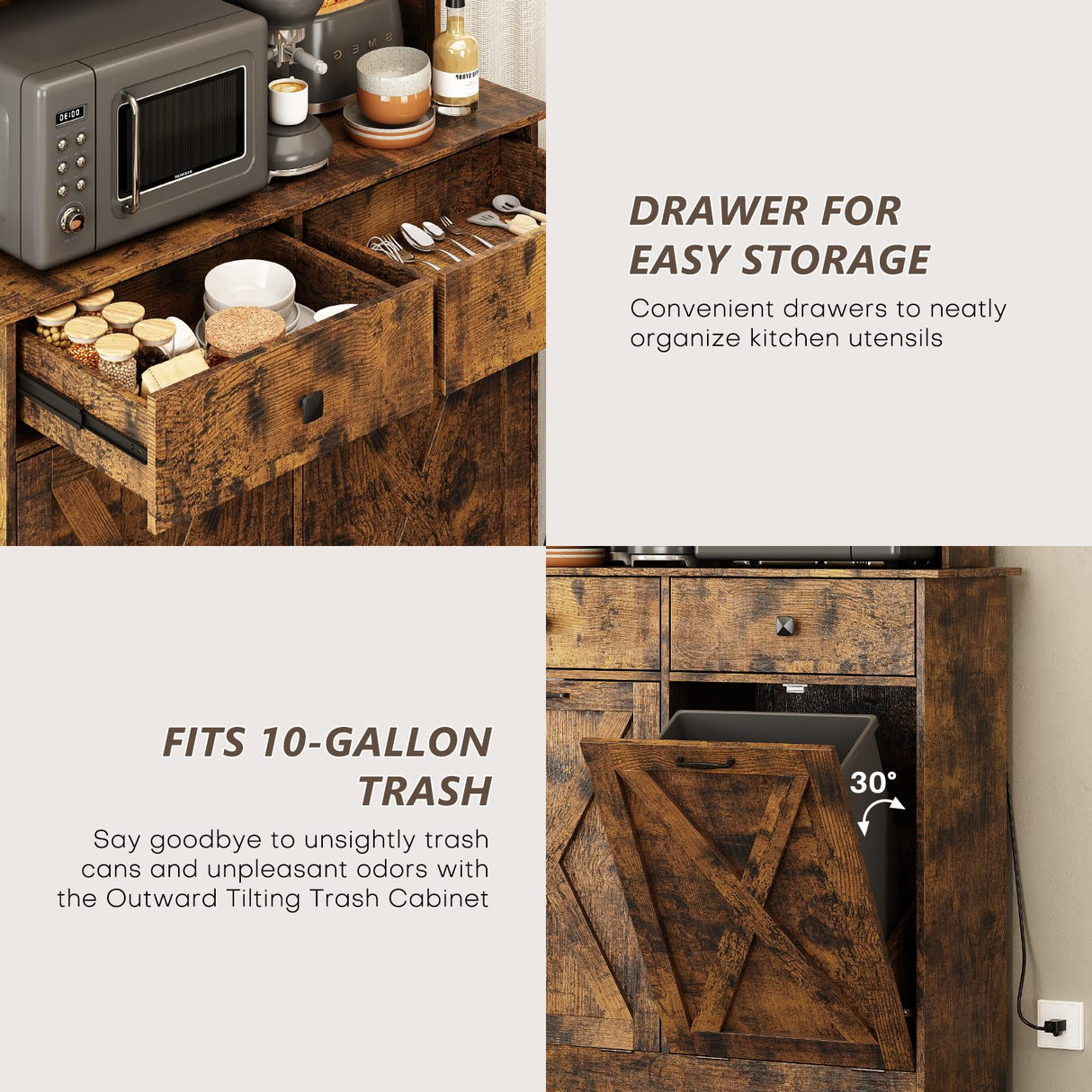 Redlife Double Tilt Out Trash Cabinet with Storage, 20 Gallon Double Tilt Out Laundry Hamper Cabinet, 67" Dual Hidden Garbage Cabinet Two Drawers, Kitchen Cabinet with Trash Can Storage (Rustic Brown) Redlifeᅟᅠ