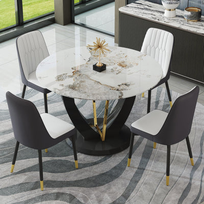 JUFU Round Dining Table Set for 4, 48" Dining Room Table with Faux Marble Tabletop and 4 Upholstered Chairs,Modern Round Kitchen Table Chairs Set for Dinning Room, Living Room, Cafe, Restaurant
