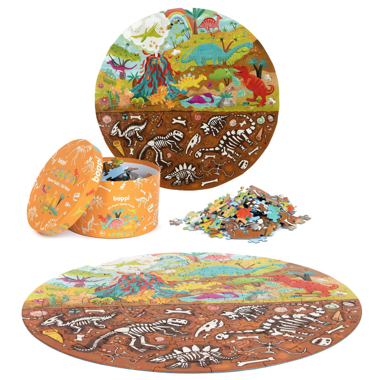 boppi Dinosaurs Round Jigsaw Puzzle with 100% Recycled Card T-rex Stegosaurus and Triceratops Fossils 150 Pieces for Children 5 6 7 8 Years 58cm Diameter boppi
