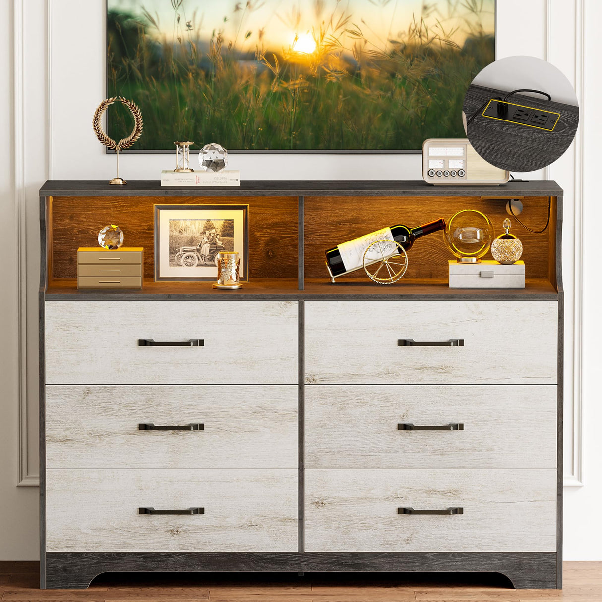 LIKIMIO 6 Drawer Dressers & Chests of Drawers for Bedroom, LED & USB Charging Modern Long Storage Cabinet, Mid-Century Tall Farmhouse Organizer Closet, Living Room Chest, Hallway, Rustic Wood LIKIMIO