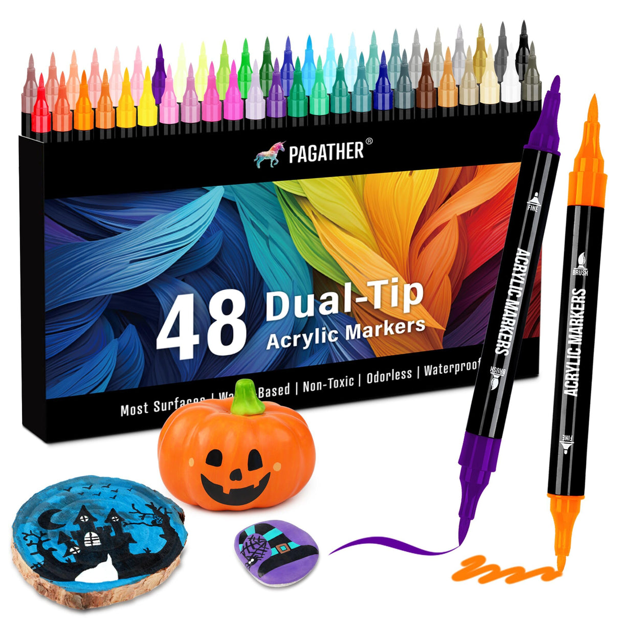 Pagather 48 Colors Acrylic Paint Markers, Dual Tip with Fine Tip and Brush Tip Pens for Stone, Wood, Calligraphy, Canvas, Ceramic, Metal, Glass, Rock Painting, DIY Crafts Pagather