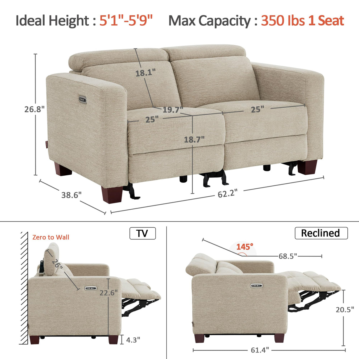 MCombo 62.2'' Wall Hugger Power Loveseat Recliner Sofa with Adjustable Headrest and USB & Type C Dual Charge Ports for Living Room, Office (Fabric, HL198M1) (Beige) MCombo