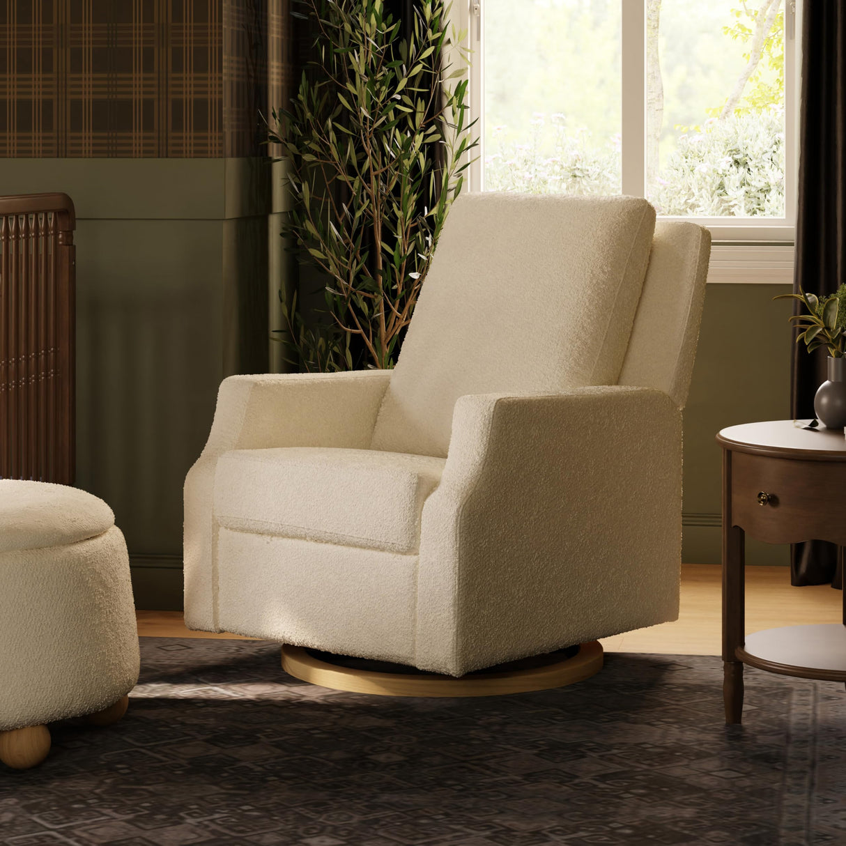 NAMESAKE Crewe Electronic Recliner and Swivel Glider in Ivory Boucle with Light Wood Base, Greenguard Gold & CertiPUR-US Certified NAMESAKE