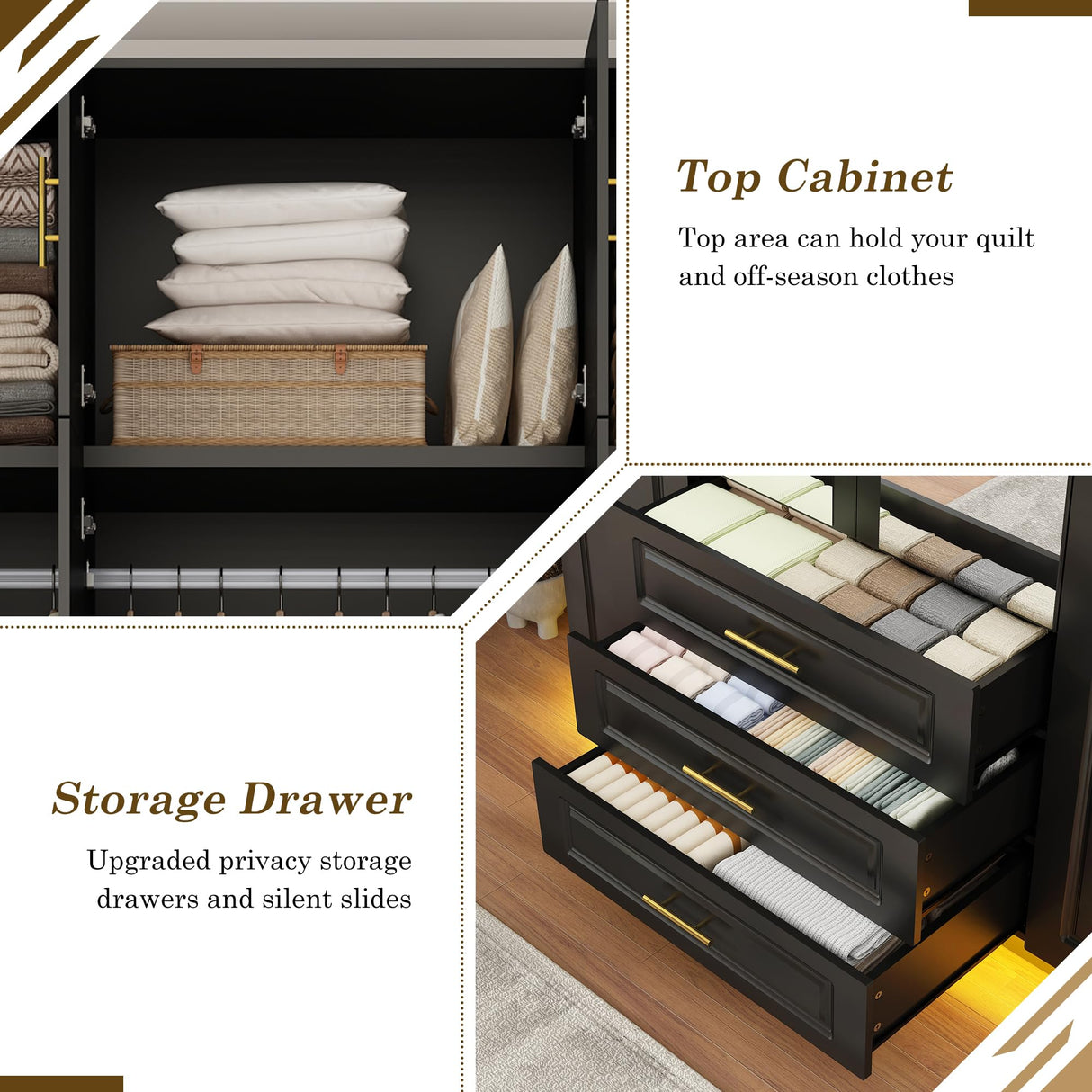 Hlivelood Large Armoire Wardrobe Closet Cabinet with Drawers and LED Lights, Multi-Tier Shelves, Hanging Rod, Large Capacity Storage 4 Door Wardrobe Armoire with Top Cabinet for Bedroom, Black Hlivelood