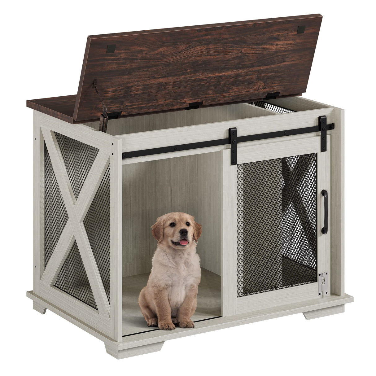 GAOMON 37'' Sliding Barn Door Dog Crate Furniture with Flip Top and Movable Divider, Wooden Dog Crate Table, Dog Kennel Side End Table, Furniture Style Large Dog House, White GAOMON