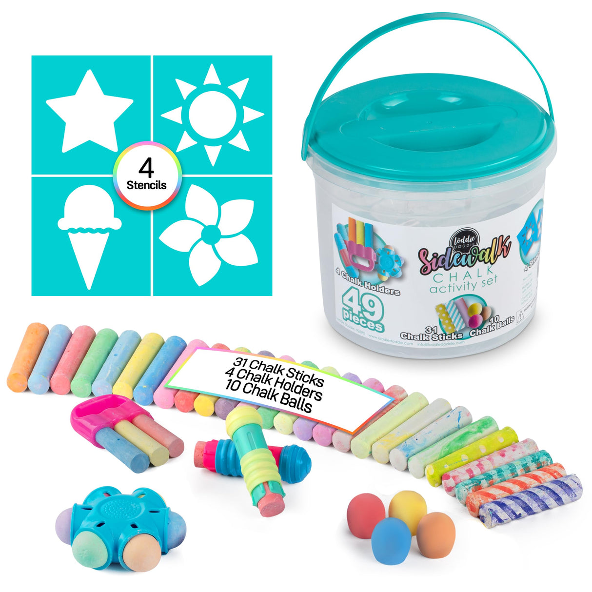 Loddie Doddie 49pc Sidewalk Chalk Bucket – Outdoor Activity Play Set for Kids, 31 Assorted Chalk Sticks, 4 Holders, 10 Ball Refills, 4 Stencils, Outdoor Water Play, Washable, Reusable Bucket Loddie Doddie