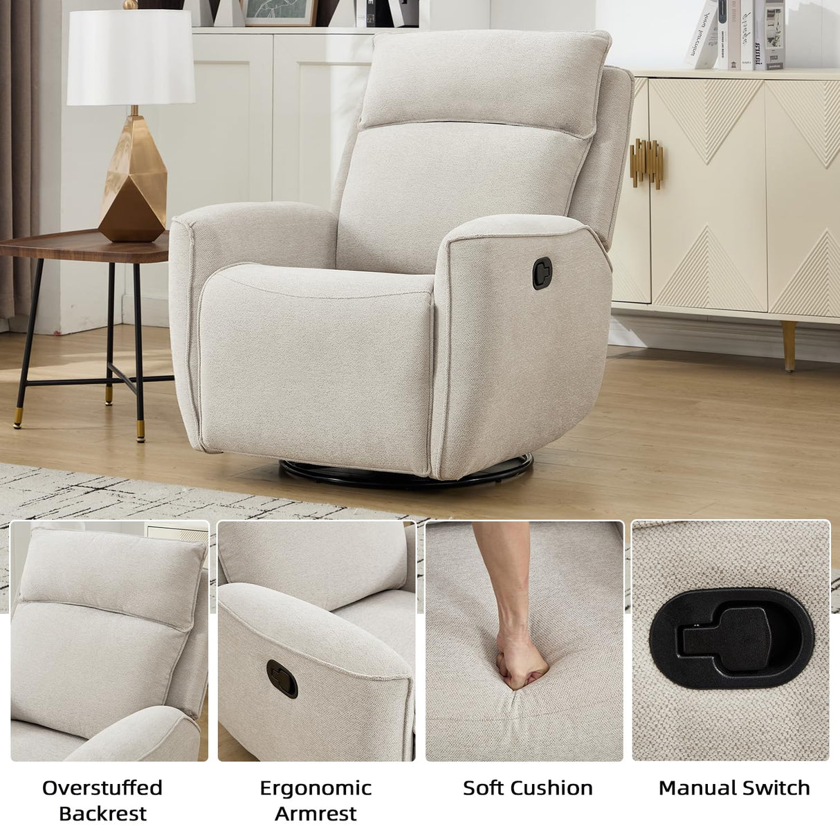 INZOY Nursing Rocking Chair Recliner, Swivel Rocker Recliner, Swivel Glider Rocking Recliners with Soft Backrest, Chenille Fabric Manual Reclining Sofa for Living Room Bedroom Apartment, Beige INZOY