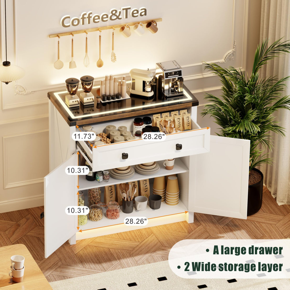 Farmhouse LED Storage Cabinet With Glass TOP,Smart Buffet Sideboard Cabinet with Charging Station,Standing Coffee Bar Cabinet With 2 Doors &Drawer for Bathroom,Kitchen,Living Room,Bedroom,White FREDEES