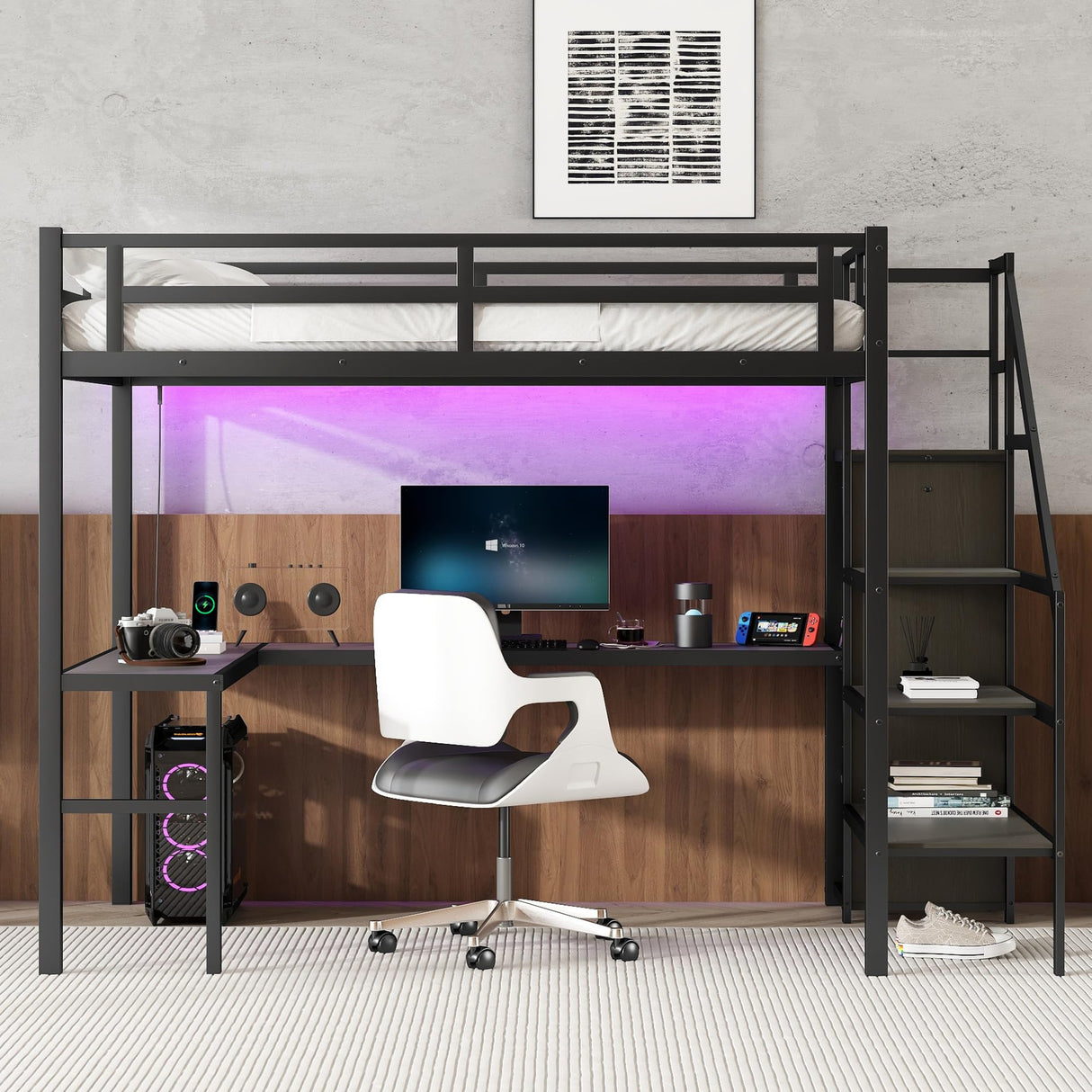 Ibraccieni Full XL Size Loft Bed, Metal Bed Frame with L-Shaped Desk and Stairs, Space-Saving Frame with Adjustable Shelf and Wardrobe for Adults, 350 LBS Capacity, No Box Spring Needed, Black Ibraccieni