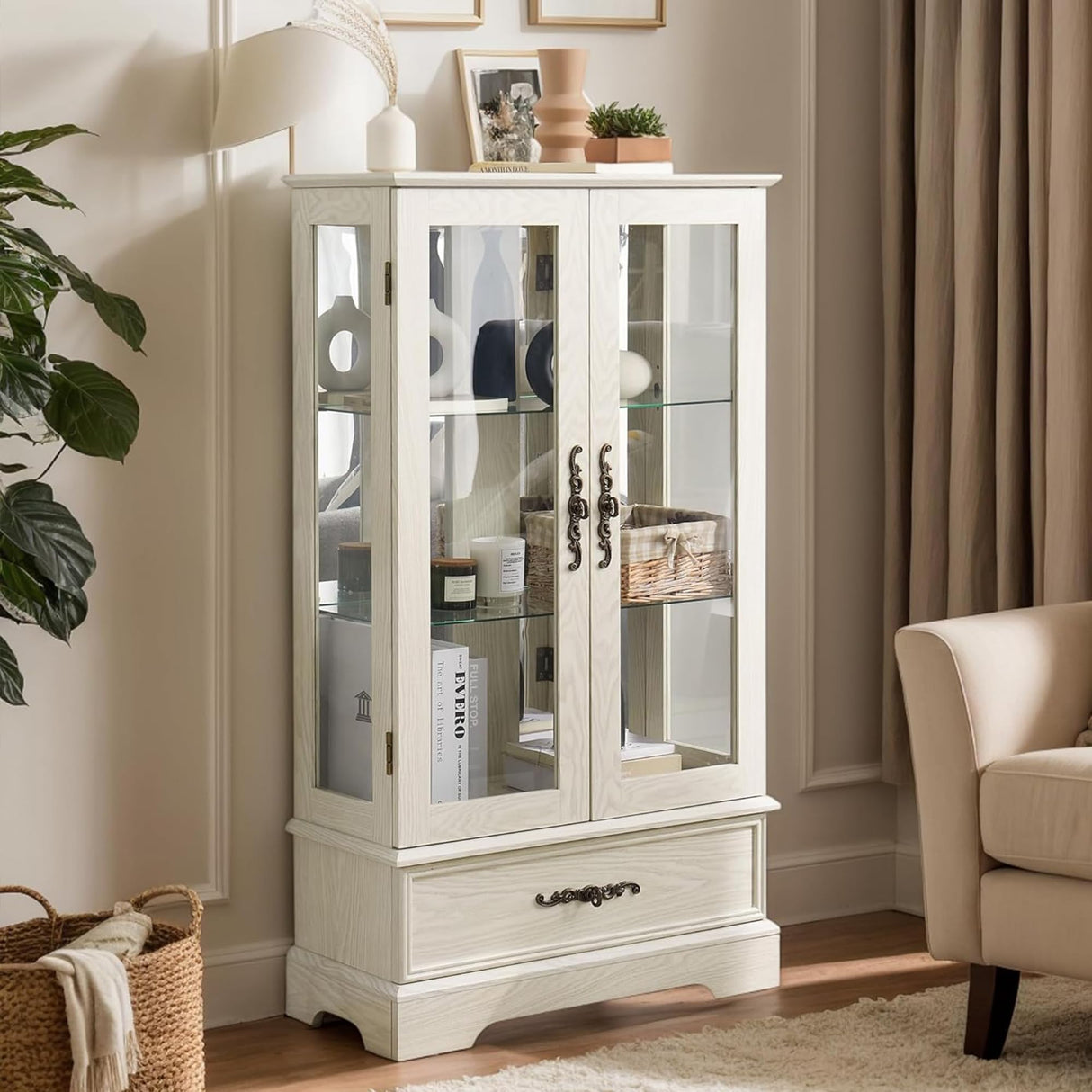 TRJQBCC 3-Tier Lighted Curio Display Cabinet, 47" H Glass Accent Storage Cabinet with Adjustable Glass Shelves & 1 Drawer, Wooden Wine Display Case with Mirrored Back Panel for Living Room (White) TRJQBCC