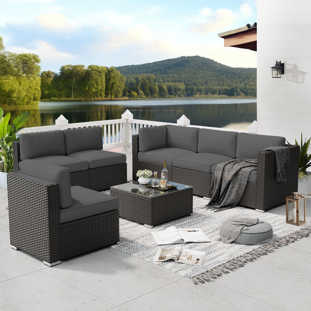 SUNCROWN 7-Piece Outdoor Patio Furniture Sofa Set All-Weather Black Wicker Sectional Conversation Set with Modern Glass Coffee Table and Cushions, Backyard, Garden, Poolside, Grey SUNCROWN