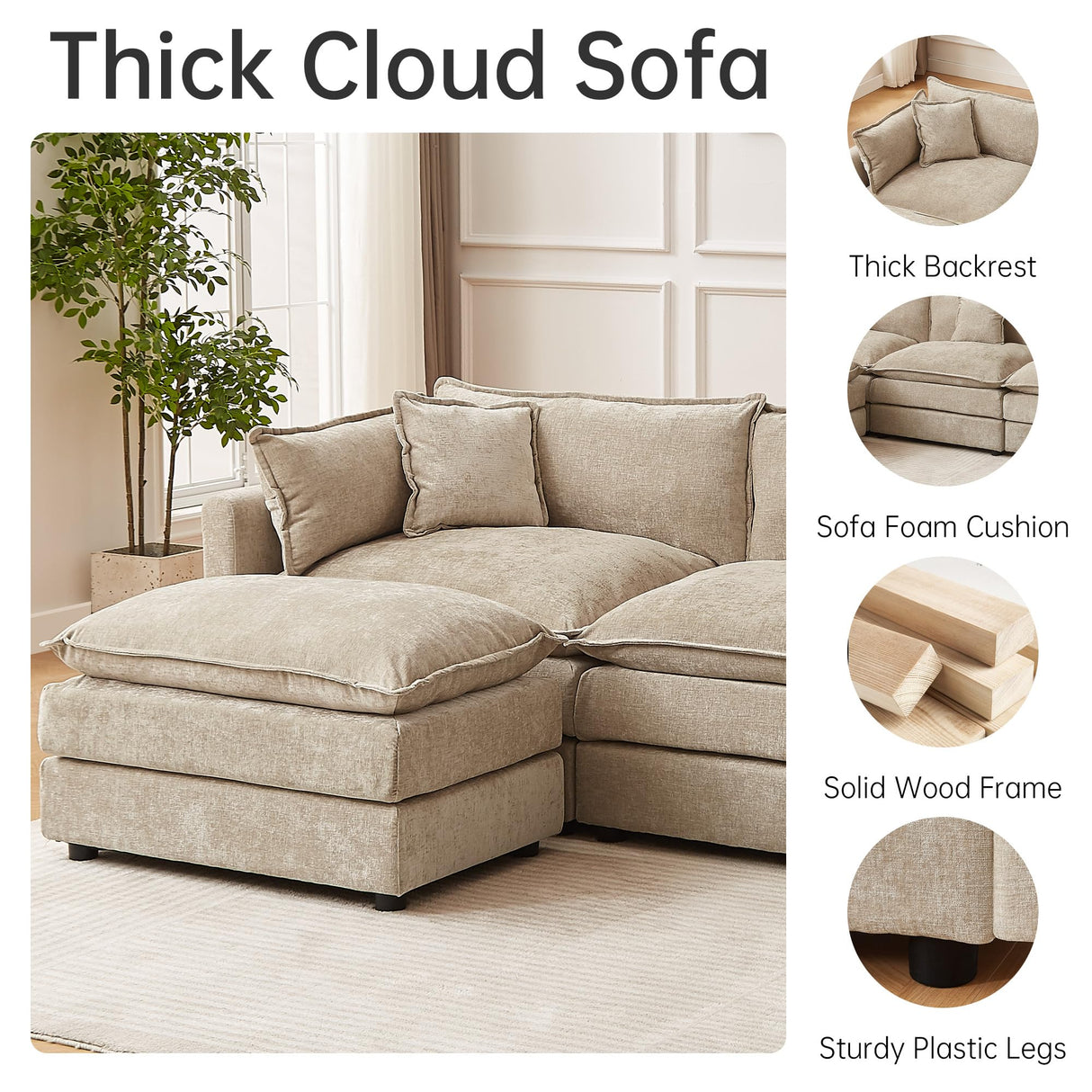 saows Modular Sectional Sofa, 112.2 Inch U Shaped Couch Set with Armrests, 3-Seater Comfy Cloud Couches with Movable Ottoman for Living Room Apartment, Coffee saows
