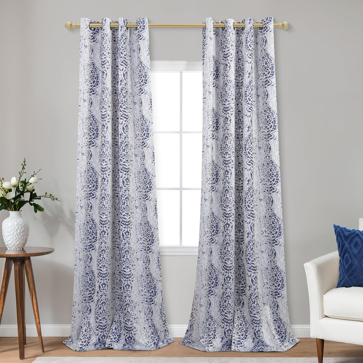 KOUFALL Navy Blue Blackout Curtains 108 Inches Long for Living Room 2 Panels Set,Grommet Damask Printed Patterned Extra Long Curtains for Bedroom,9 FT Length,Indigo KOUFALL