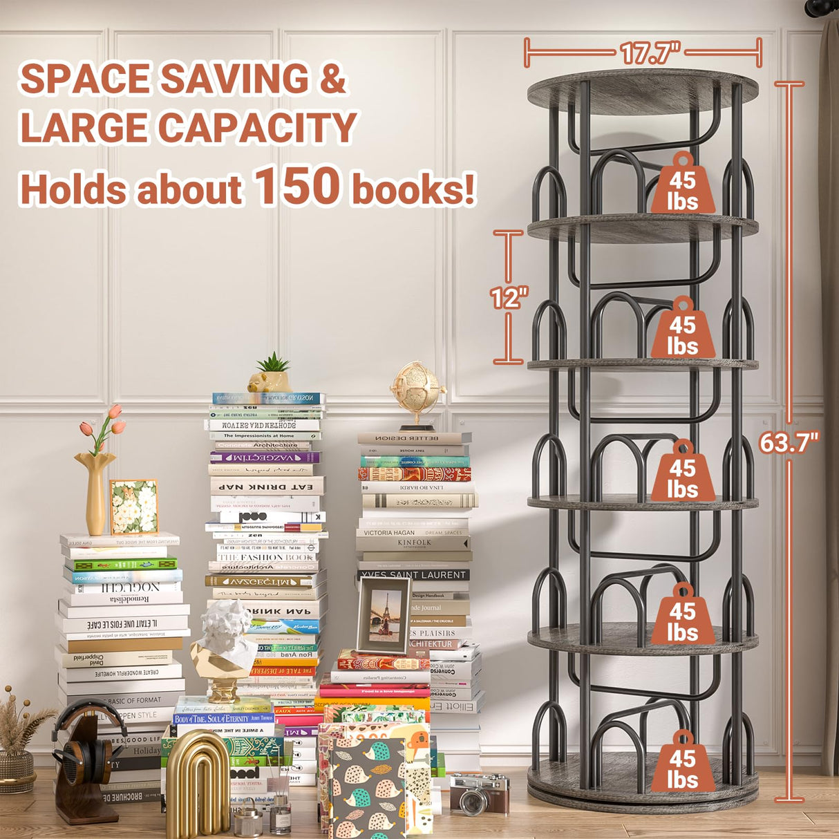 Aheaplus 5 Tier Rotating Bookshelf Tower, 360 Display Spinning Bookcase, Revolving Round Book Shelf Narrow Swivel Bookshelf, Vertical Turning Corner Book Organizer for Small Space, Black Oak Aheaplus