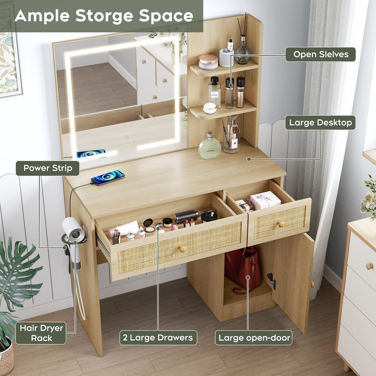 Yechen 35" Boho Makeup Vanity Table with LED Lighted Mirror & Power Strip, Wooden Dressing Table Set with Rattan Drawers, Storage Shelves and Cushioned Stool for Bedroom, Perfect for Girls Women Gift Yechen