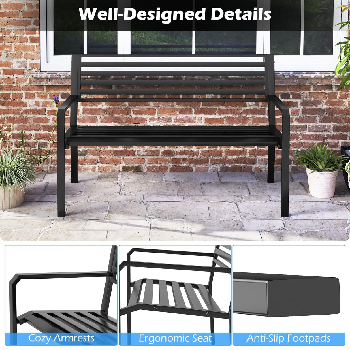 Tangkula 50” Outdoor Metal Park Bench, Patio Slatted Garden Bench for 2-3 People with Armrests & Backrest, Heavy-Duty Modern Seating for Backyard, Poolside, Porch Tangkula