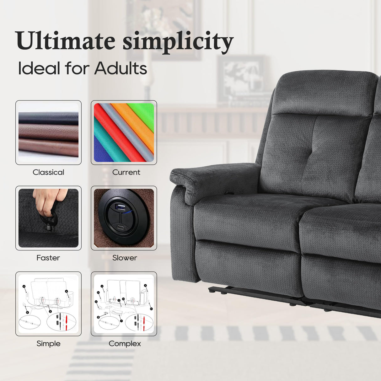 GUEAPY Loveseat Recliner Sofa-Double Recliner Loveseat with Heat and Massage,2 Seater Reclining Couch,Manual Reclining Loveseat with Pockets, Infinite Position for Living Room,Bedroom GUEAPY