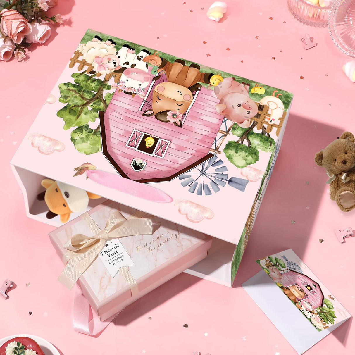 Farm Animals Theme Birthday Gift Bag for Girls Baby Shower Pink Farmhouse Barnyard Gift Bag Wrapping Paper Card Large Cows Pigs Gifts Bag for Baby Shower Farm Birthday Party Favors Supplies Innovoscape