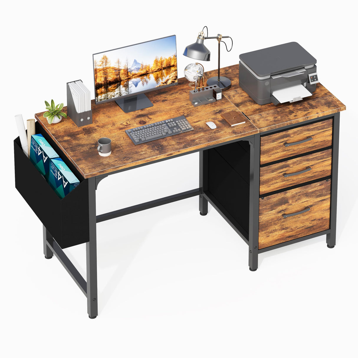 Lufeiya Computer Desk with Fabric File Drawers Cabinet, 47 Inch Home Office Desks with Filing Cabinet for Small Space, Study Writing Table PC Desks, Rustic Brown Lufeiya
