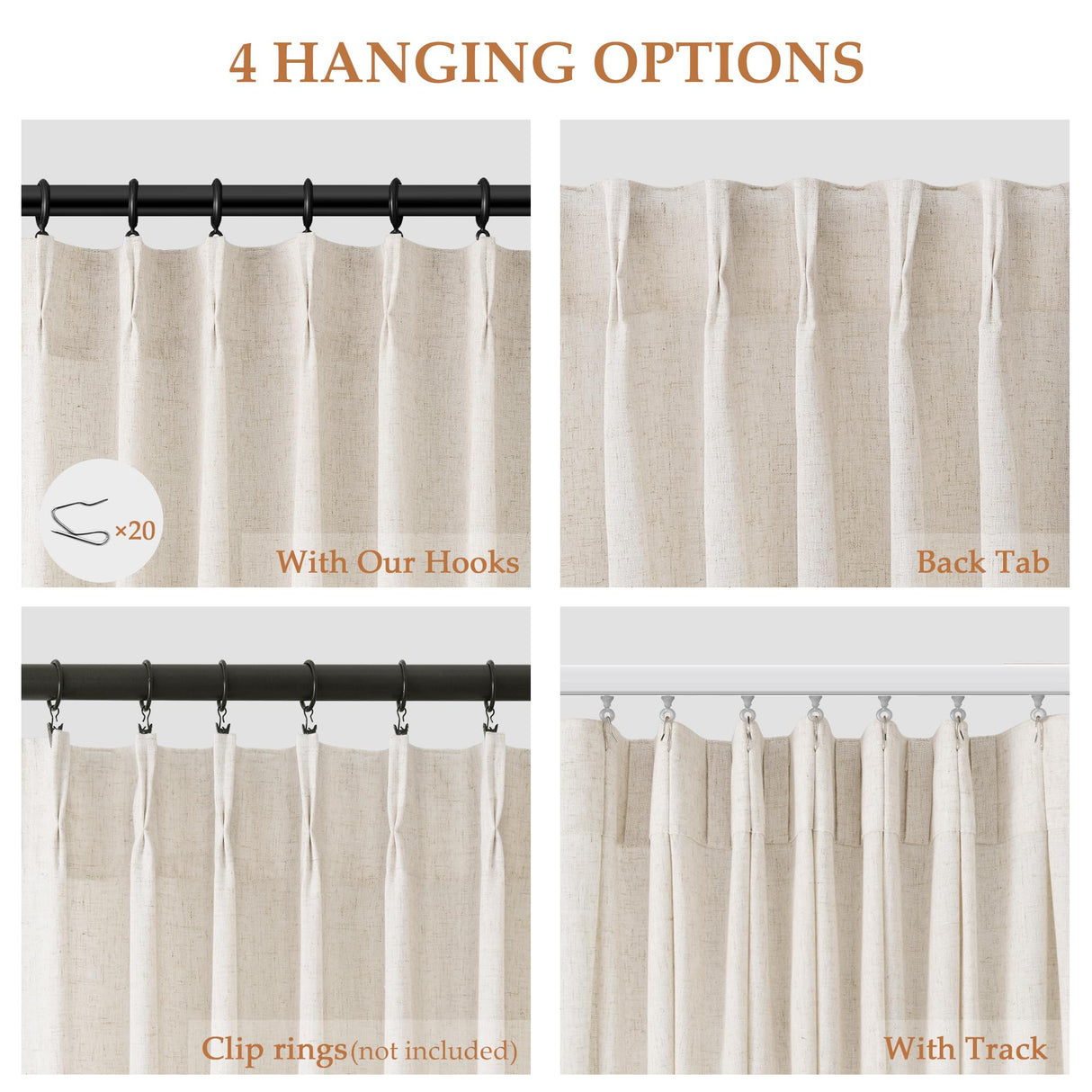 Pinch Pleated Linen Curtains 108 Inches long for Living Room 2 Panels Set Cream Beige Flax Pleat Drapes Back Tab Semi Sheer Neutral Boho Ceiling to Floor 108 Inch Curtains for Bedroom Window 9 FT Aersas