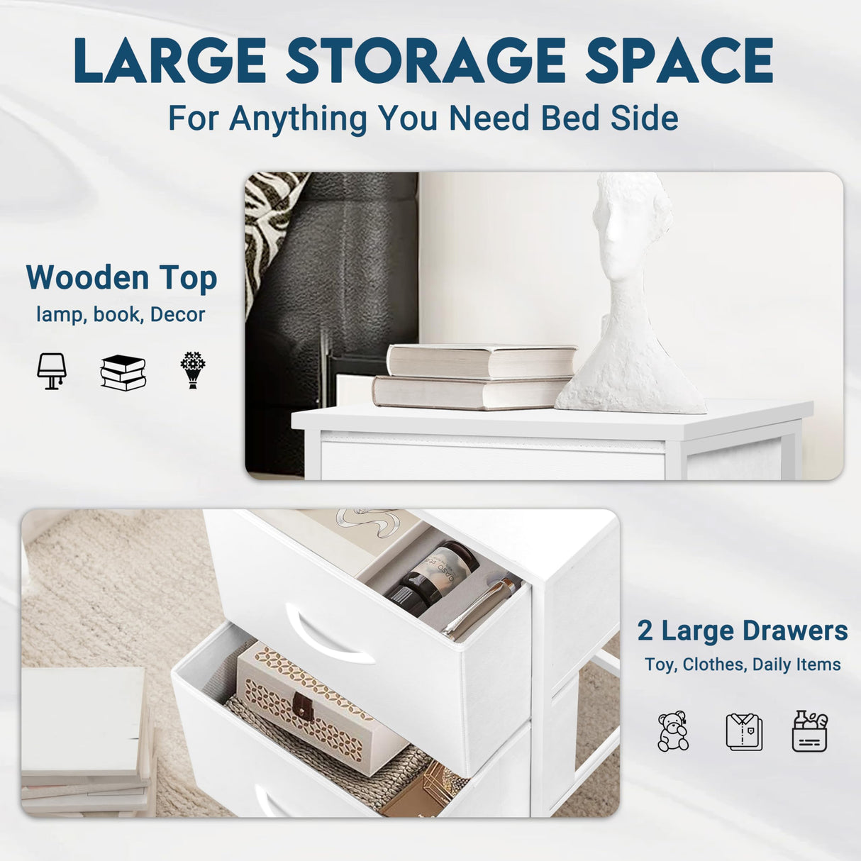 LOFTEY White Nightstand, Bedside Table with 2 Drawers, Small Kids Night Stand for Bedroom, Bed Side Table with Storage, 15.7" L x 11.8" W x 21" H LOFTEY