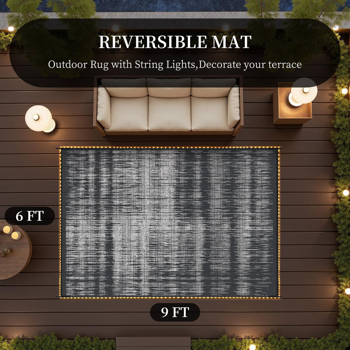 MontVoo Outdoor Rug Waterproof 6x9 ft with Strip Lights Outdoor Patio Rug Mat Reversible Plastic Straw Rug Outside Outdoor Rug for RV Camping Picnic Balcony Backyard MontVoo