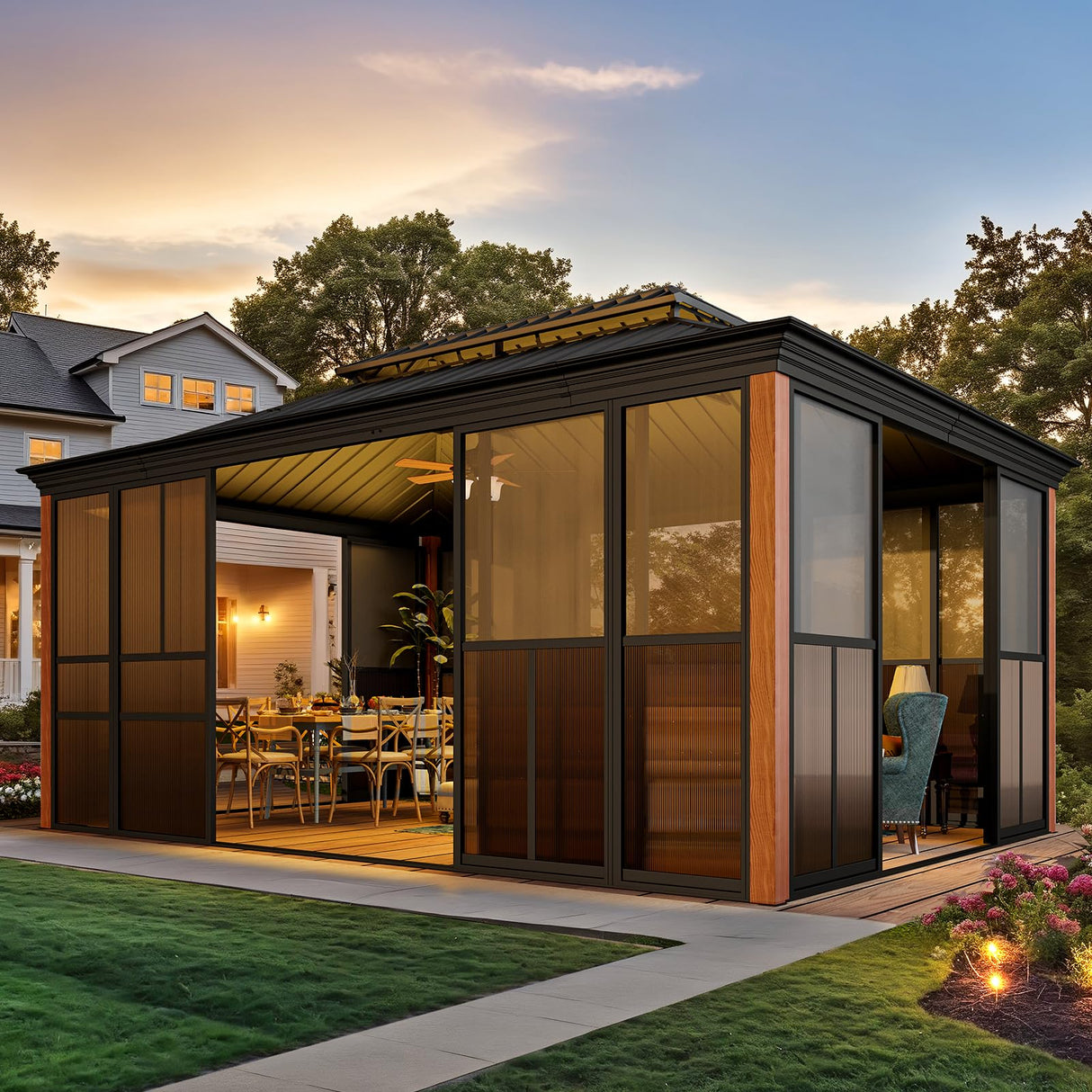 EROMMY 12'*16' Sunroom, with Front Door, Side Entrance, Galvanized Steel Double Top, Wood Grain Appearance, Aluminum Alloy Frame, Solarium Backyard Sun Room EROMMY