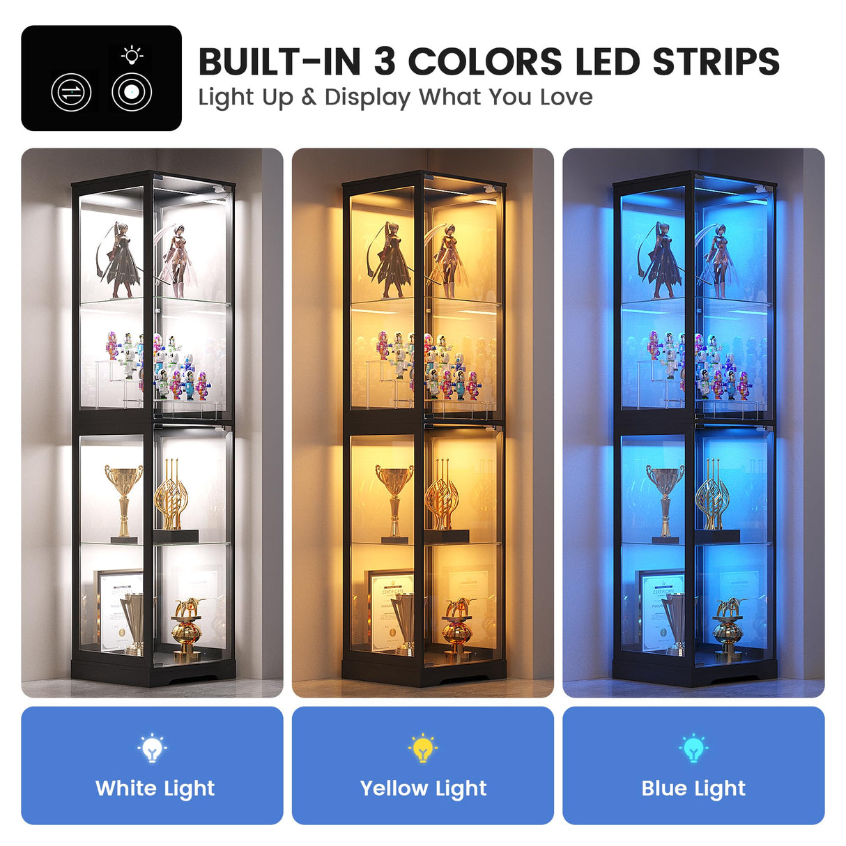 Glass Display Cabinet with Doors, 65" Tall 4-Tier Curio Display Case with 3 Color Lights and Human Body Sensor, Bookcase for Collectibles, Black WEQUB