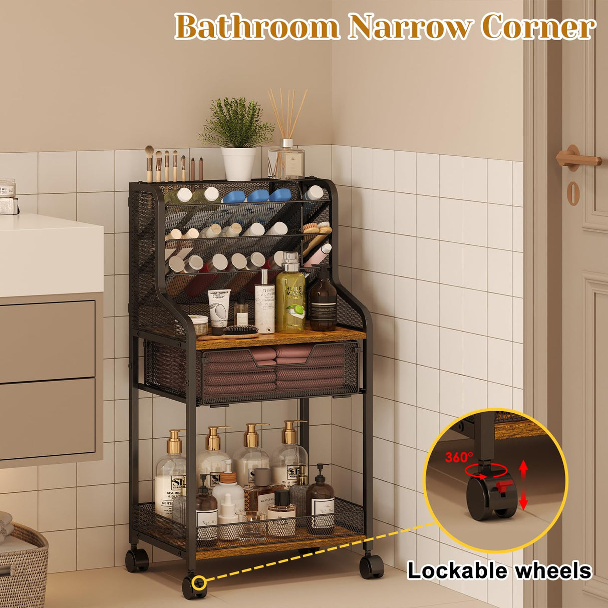 Jakyitvi 6-Tier Rolling Bathroom Storage Cart with Mesh Drawer, Metal Utility Cart with Lockable Wheels for Towels, Toiletries, and Cleaning Supplies, Organization Cart for Bathroom, Kitchen, Laundry Jakyitvi