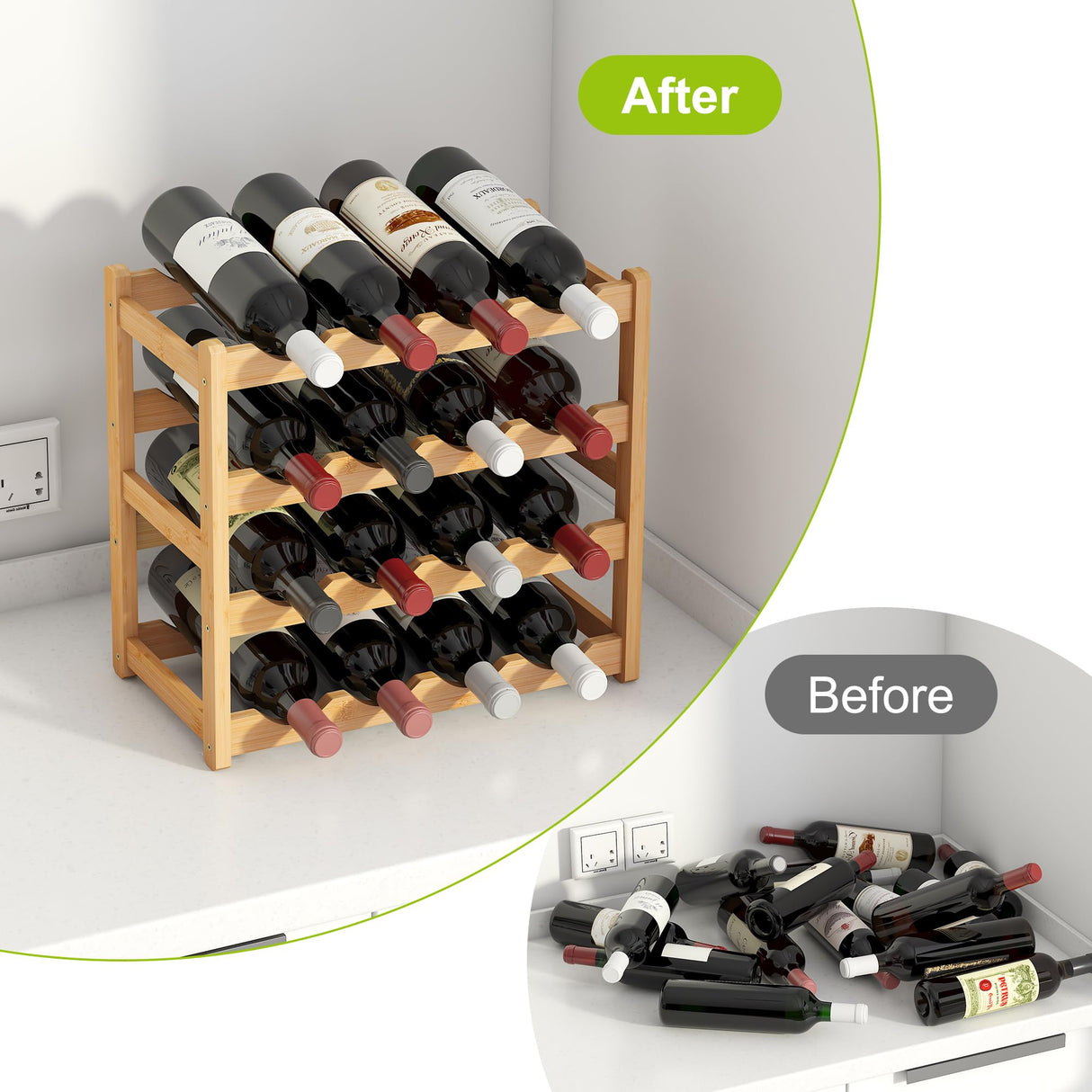 BMOSU Bamboo Wine Rack Wine Storage Cabinet Shelf 16 Bottle Wine Racks Countertop Solid and Practical for Kitchen Dining Room Pantry - 4 Tiers Wine Rack(Natural) BMOSU