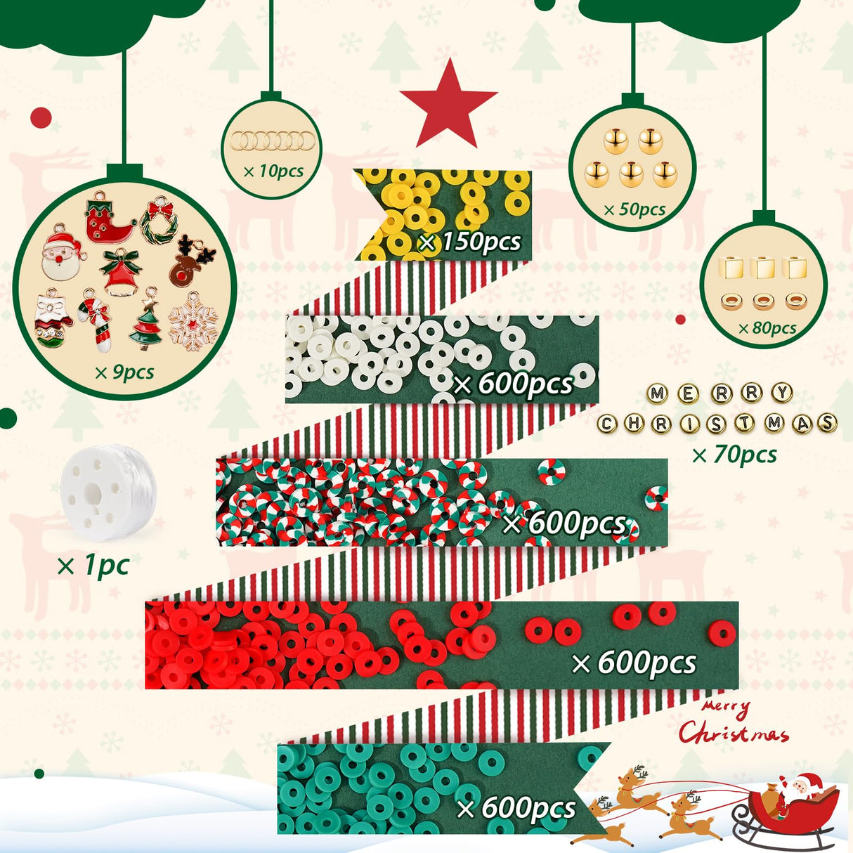 Gionlion Christmas Beads for Bracelets, Clay Beads Bracelat Making kit Golden Beads Christmas Crafts Decorations Charms for Jewelry Making, Christmas Gifts for Teen Girls Age 6-12 Gionlion