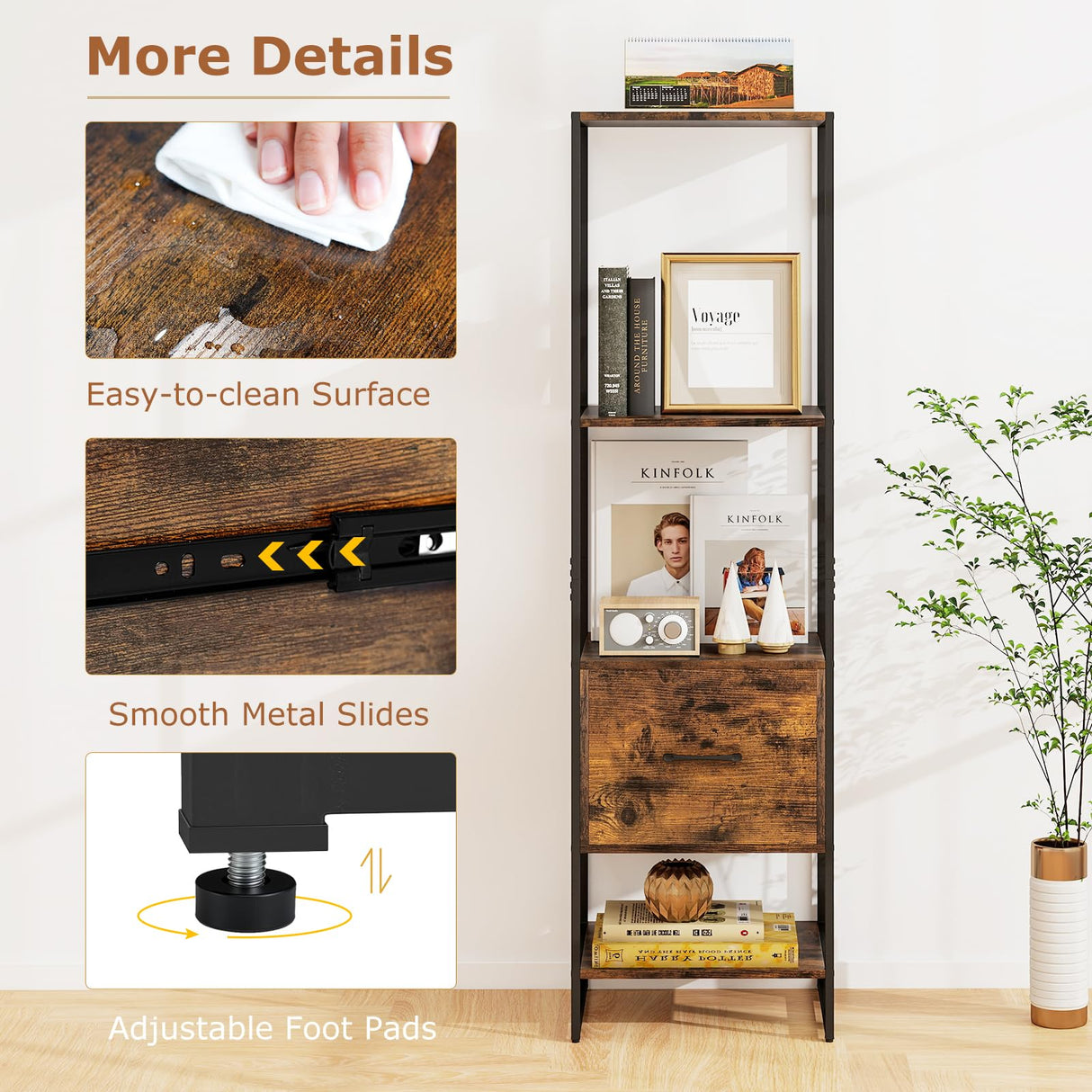 Tangkula 4-Tier Bookshelf with Drawer, 62.5” Tall Narrow Bookcase with Metal Frame & Anti-tip Kits, 4 Open Shelves & Pull-Out Drawer, Modern Slim Display Storage Rack for Living Room Study (2, Brown) Tangkula