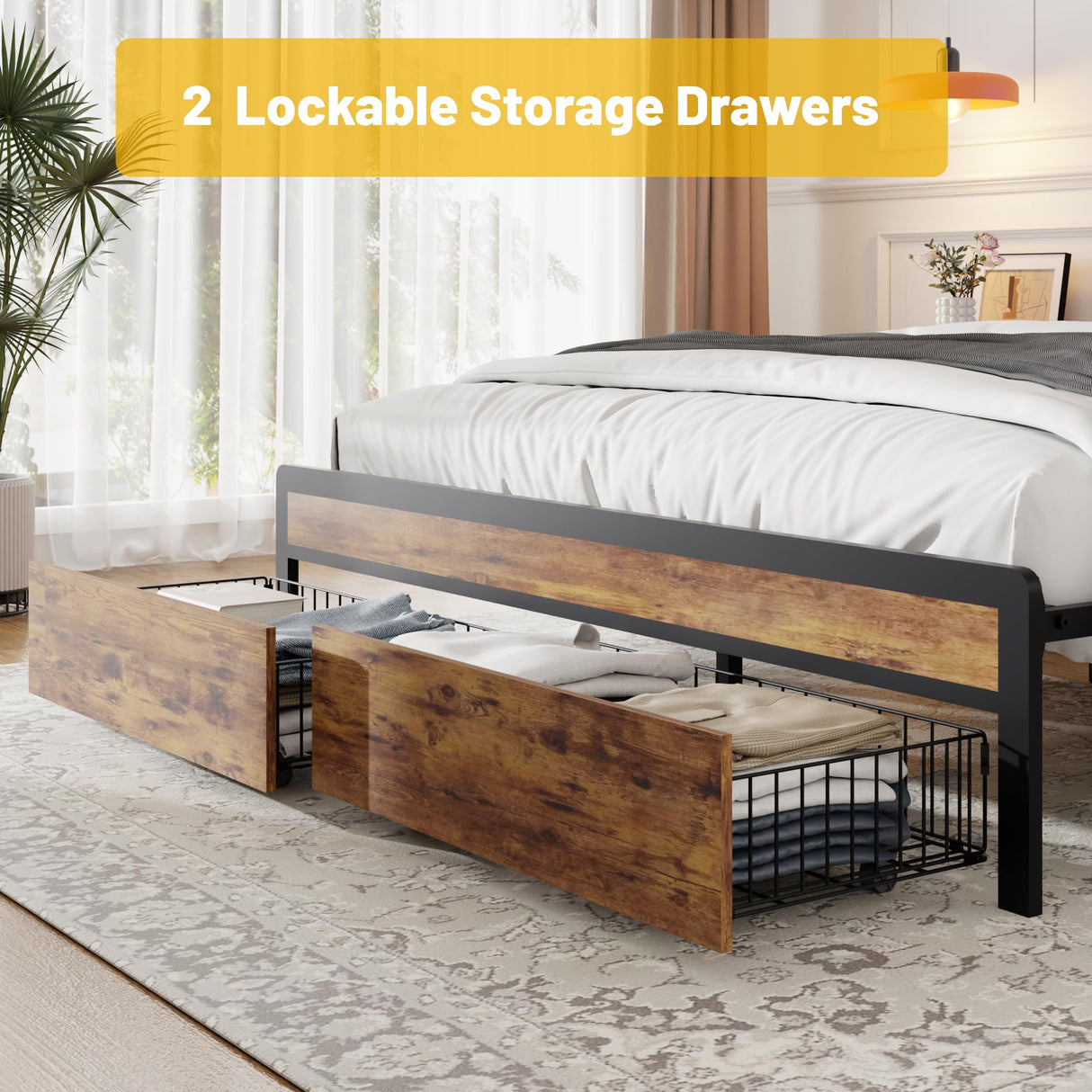 LUBEDCY Full Size Metal Platform Bed Frame with Velvet Button-Tufted Headboard, 2 Storage Drawers, LED Light & USB Charging Port, Heavy Duty, Brown Wooden Panel, No Box Spring Needed (Brown, Full) LUBEDCY