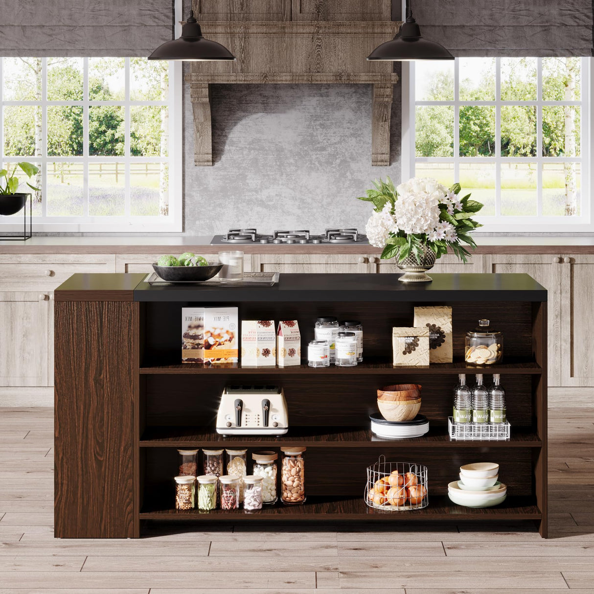 Tribesigns 55" Kitchen Island with Storage, Farmhouse 5-Tier Stationary Island Table with 5 Shelves, Wood Coffee Bar Table Storage Cabinet with Large Countertop for Kitchen, Dining Room Tribesigns