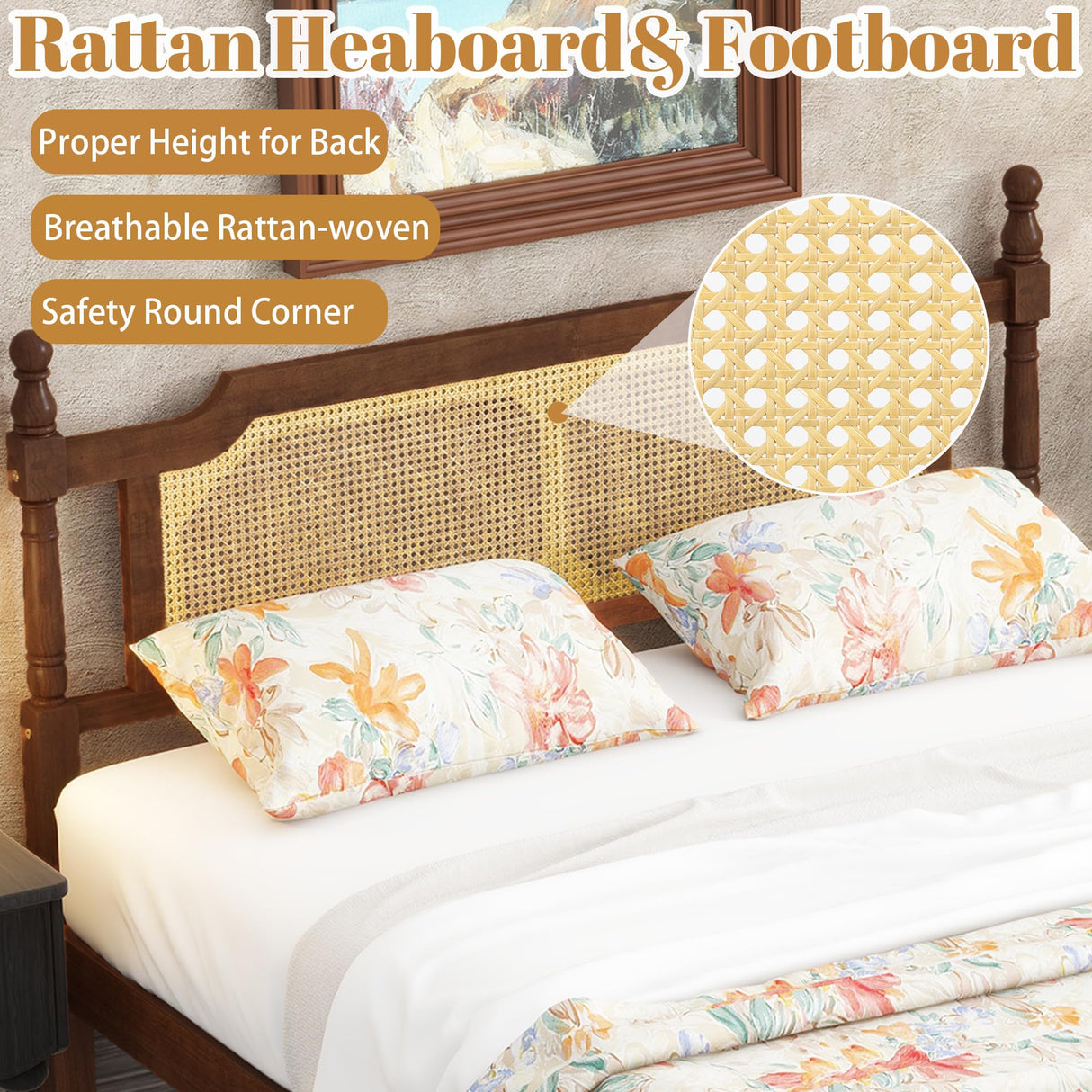 MoproBeti Queen Bed Frame with Rattan Headboard and Footboard, Rubber Wood Platform Bed Frame with Large Under Bed Storage,Boho and Mid Century Style, No Box Spring Needed, Easy Assembly,Walnut MoproBeti