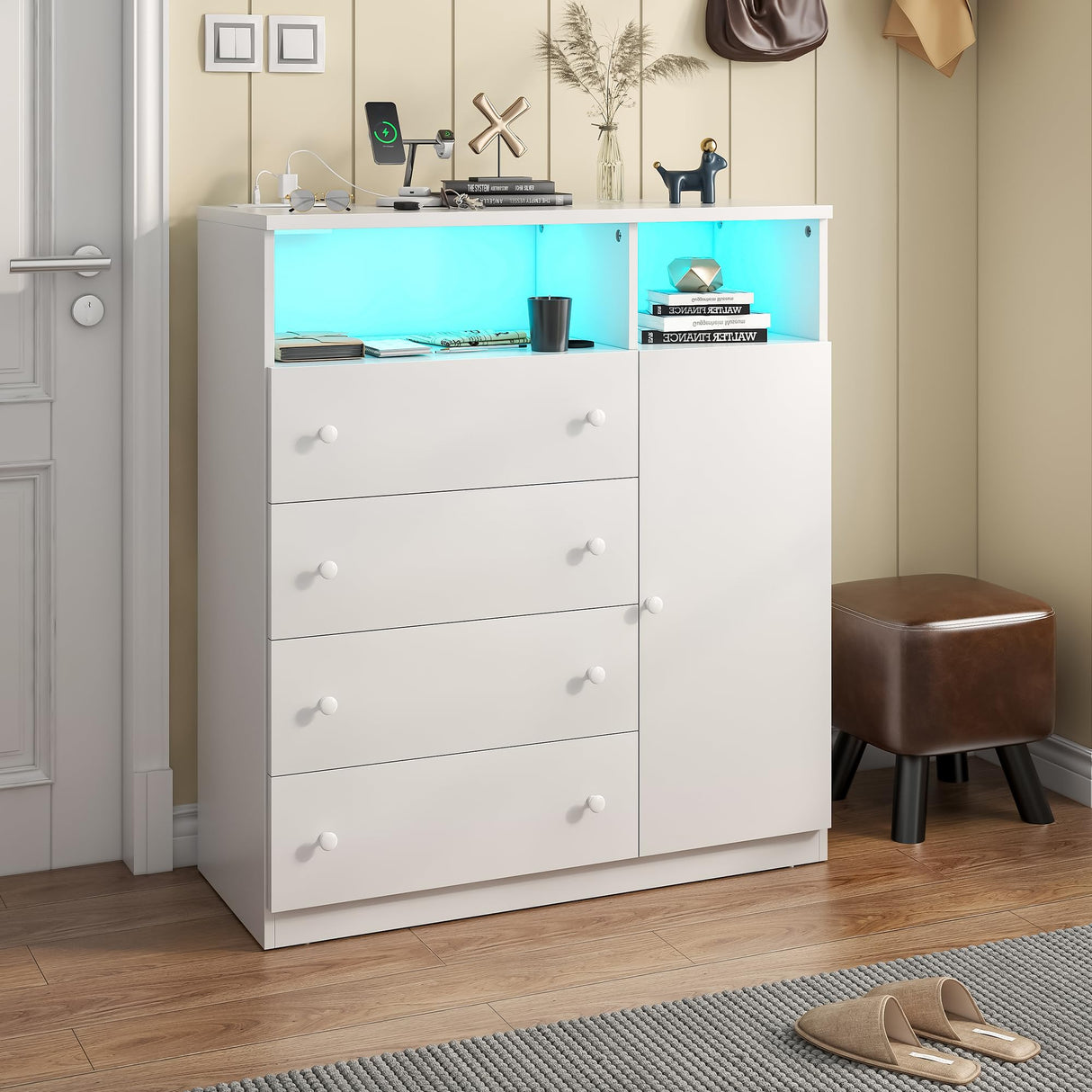 OTUTUMUS 4 Drawer Dresser for Bedroom with Charging Station & LED Light, Wood Tall Dresser with Storage Cabinet, Chest of Drawers with Open Compartments for Living Room, Closet, Hallway (White) OTUTUMUS