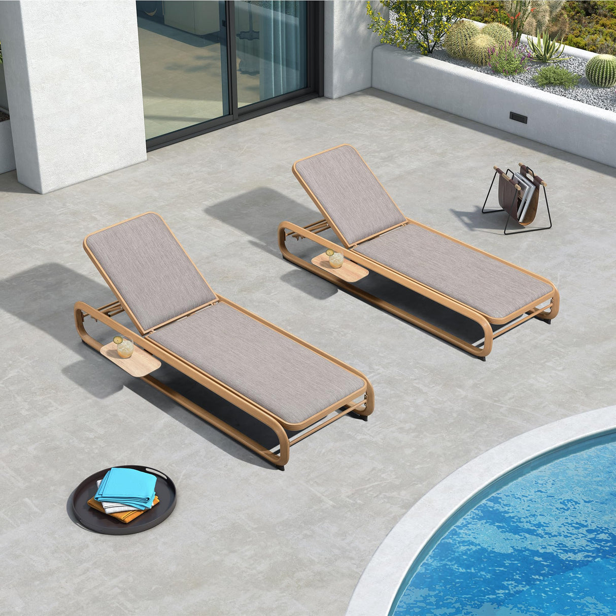 PURPLE LEAF Chaise Lounge Patio Chair Recliner Outdoor for Patio Poolside Balcony w/Slide-Out Side Table with Cushion Adjustable Backrest 2 Pieces Teak PURPLE LEAF