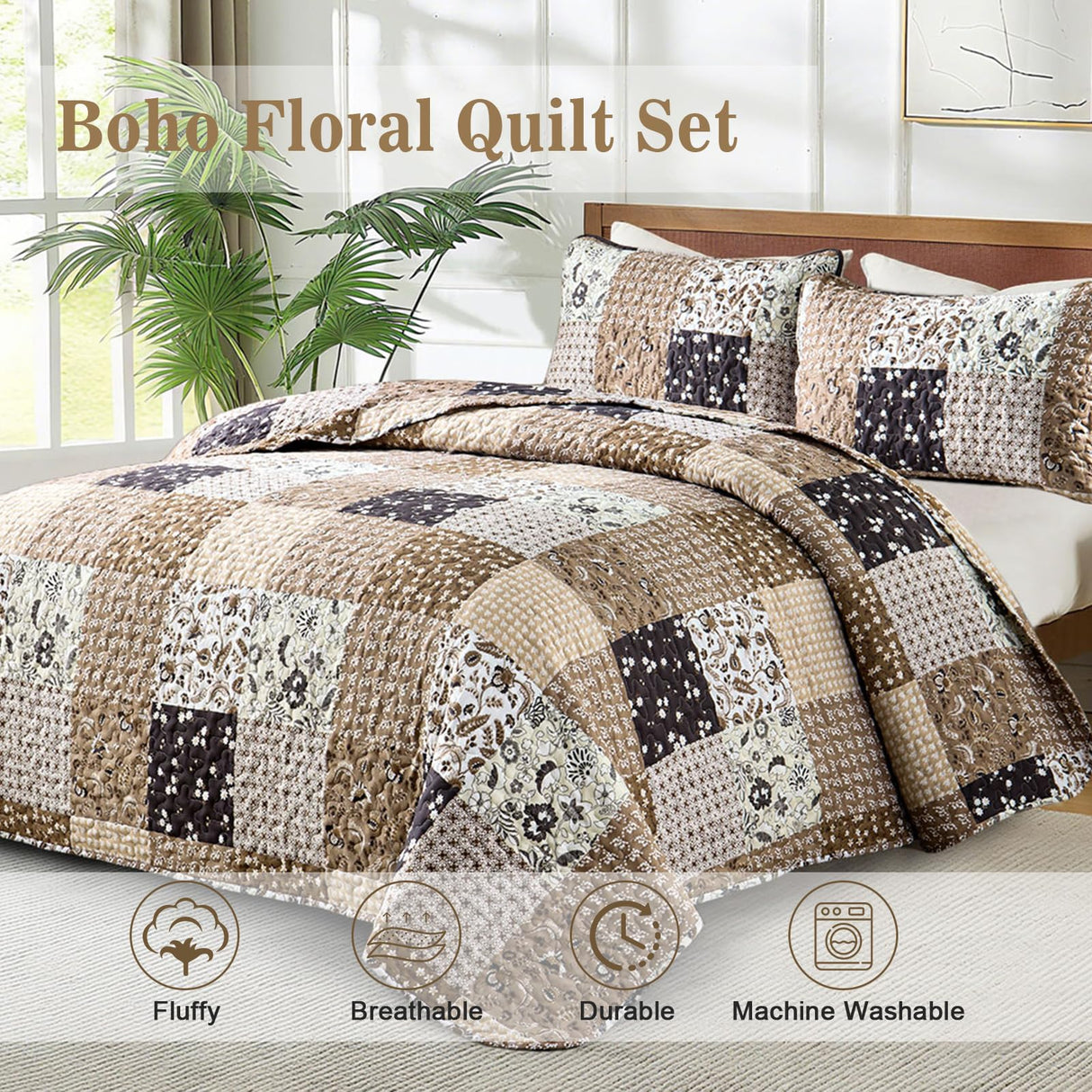 Menghomeus Brown Quilt Set King Boho Patchwork Bedspread Floral Coverlet Reversible Bed Quilt Set All Season Soft Microfiber Bedding Farmhouse Bed Sets, 104"x90" Menghomeus