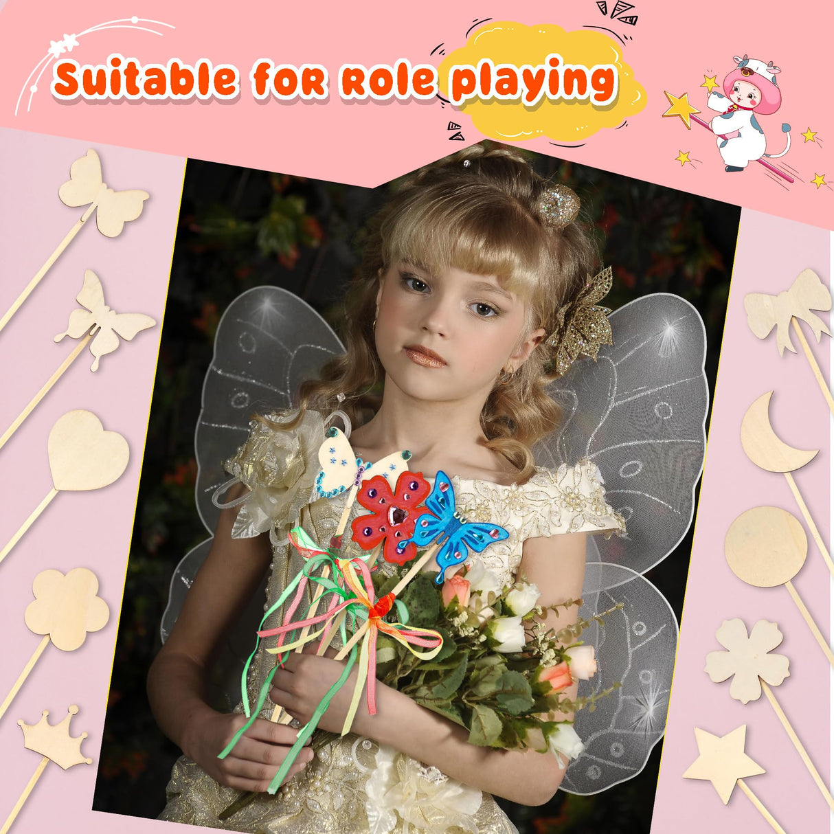 Kugliwa 59 Pcs Princess Fairy Wands Craft Kit DIY Wooden Fairy Wands Include 20 Unfinished Fairy Wands 7 Gem Stickers 20 Ribbons 12 Markers for Birthday Party Supply Kugliwa