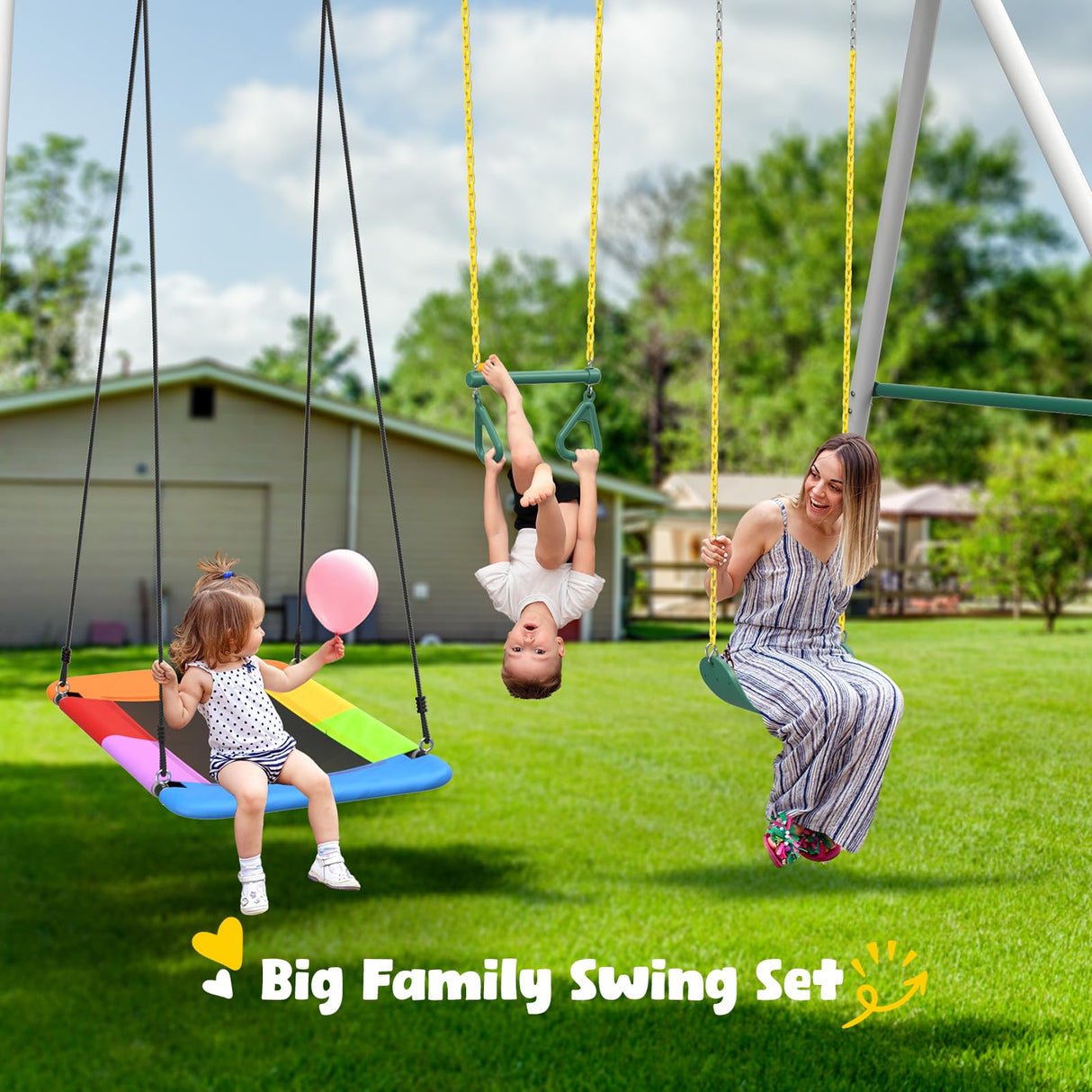 Hapfan 9.5' Tall Swing Sets for Backyard with Platform Swing, Heavy Duty Metal Swingset Outdoor for Kids with Trapeze Swing Bar, Belt Swing and Rectangle Swing Hapfan