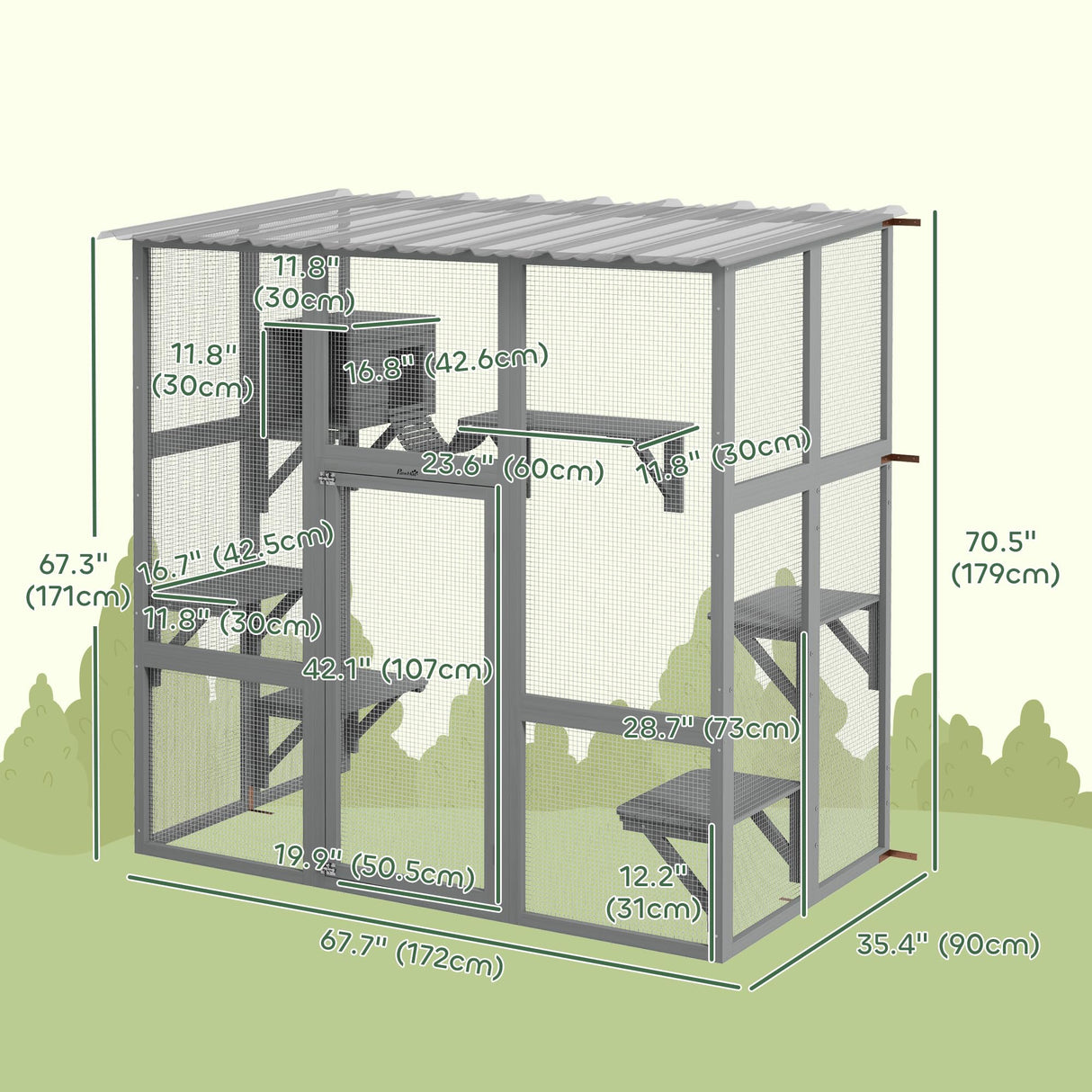 PawHut Catio Outdoor Cat Enclosure, Large Cat House, Wooden Cat Window Box with Scratching Posts, Weather Protection Roof for 1-2 Kitties, Resting Boxes, 68" x 35.5" x 70.5", Gray PawHut